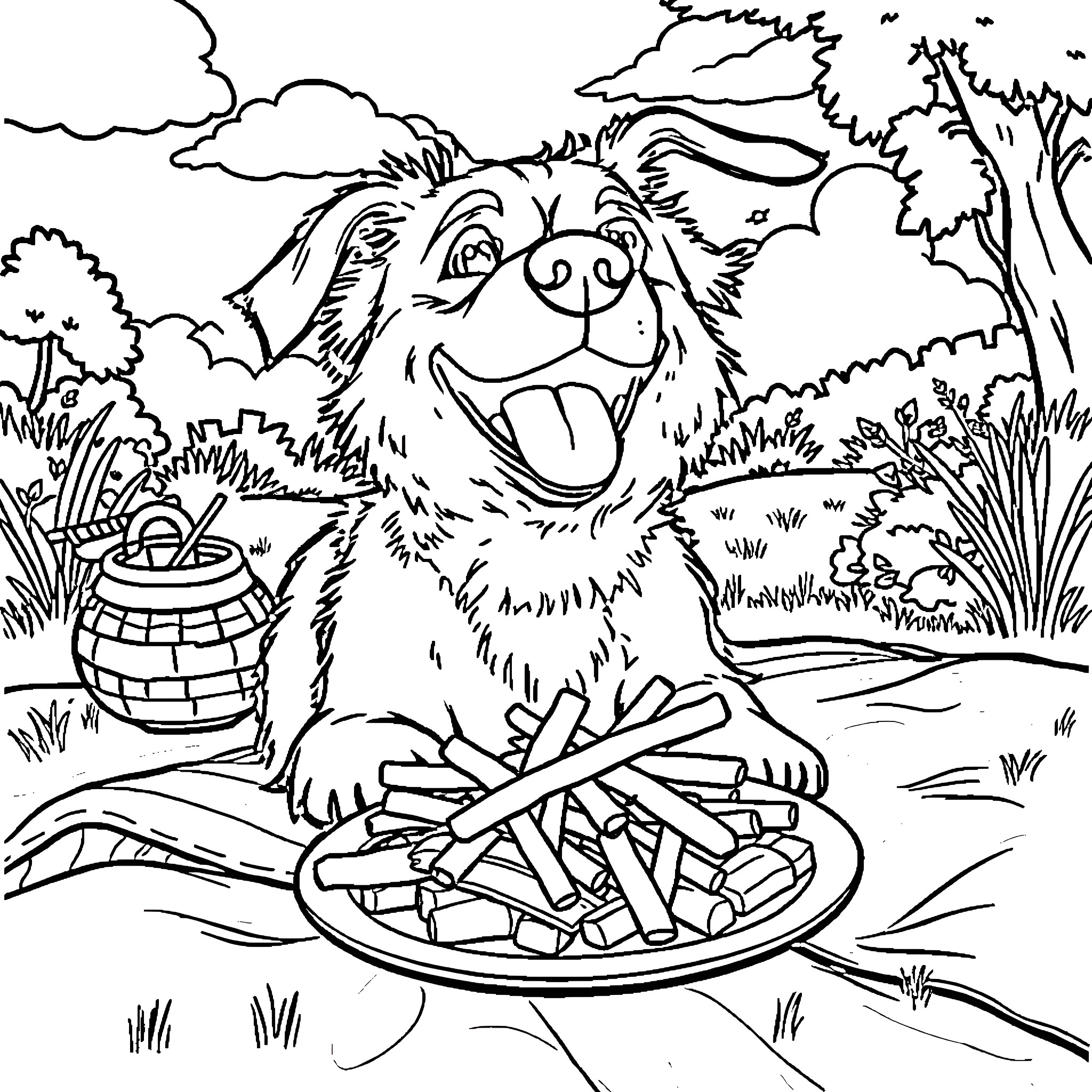 Dog enjoying a picnic in the park Coloring Page (free black-and-white line drawing printable PDF for all, from beginners to advanced learners, including children, teens, adults, and seniors)