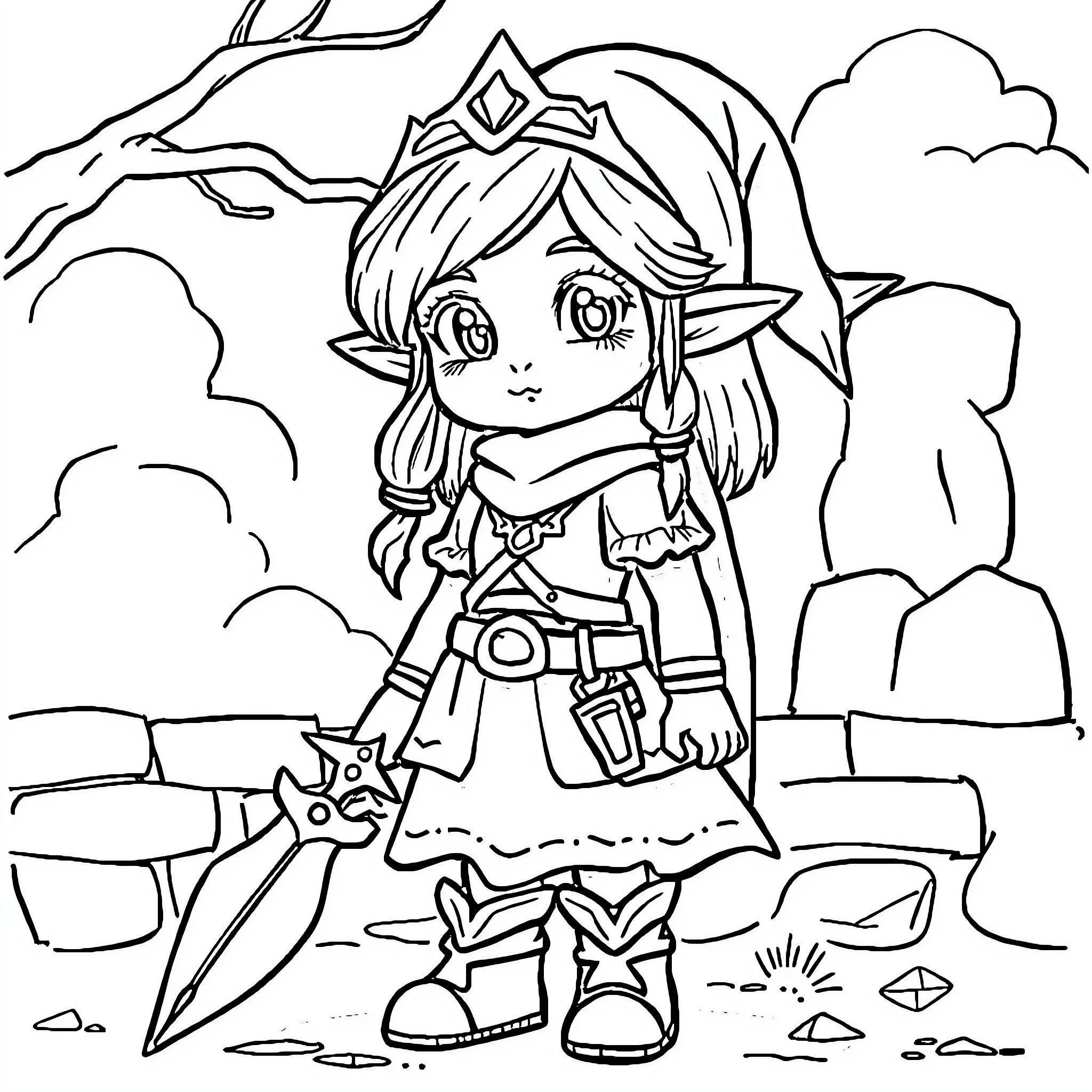 Princess Adventuring in Fantastical Landscape Coloring Page (free black-and-white line drawing printable PDF for all, from beginners to advanced learners, including children, teens, adults, and seniors)