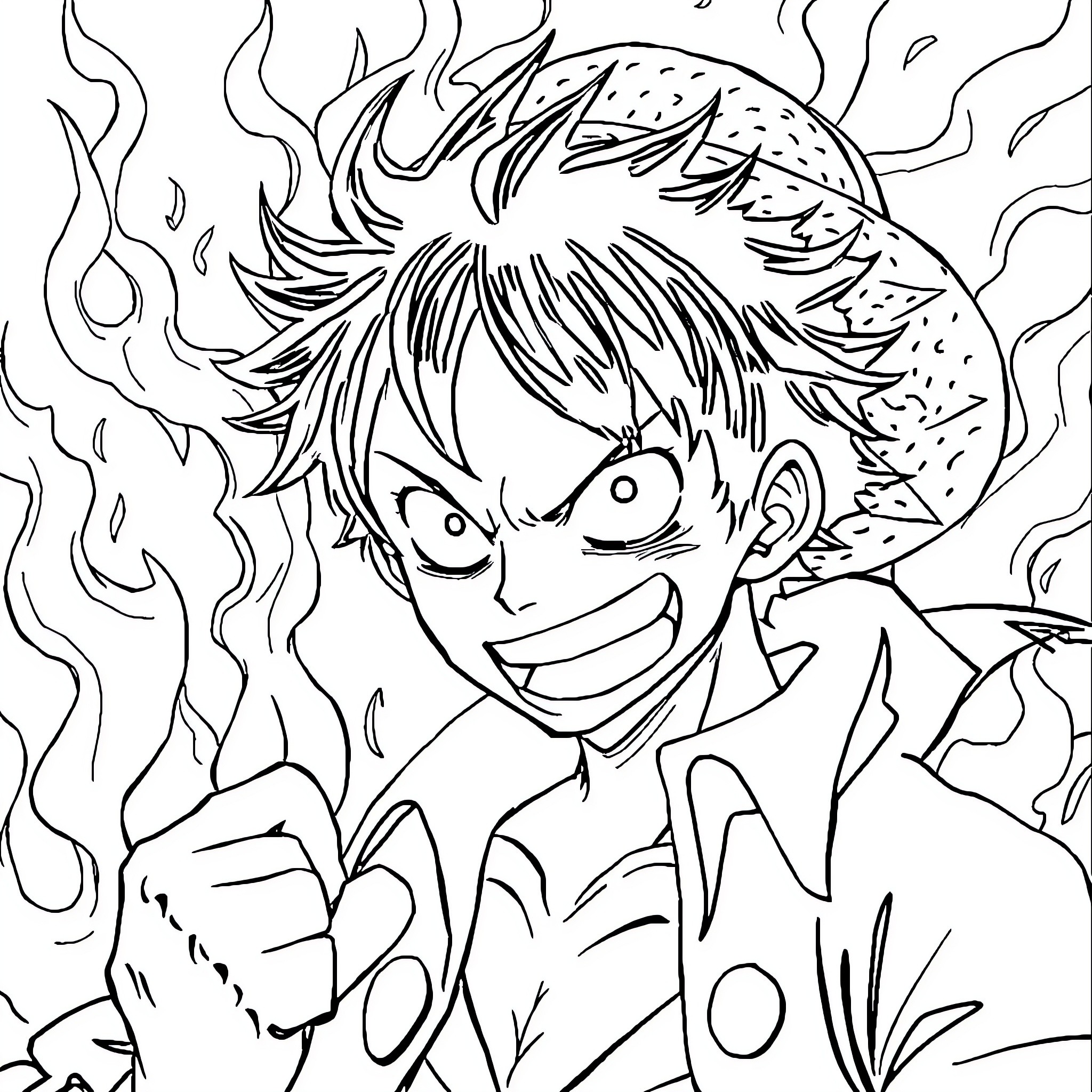 Luffy in an intense battle scene Coloring Page (free black-and-white line drawing printable PDF for all, from beginners to advanced learners, including children, teens, adults, and seniors)