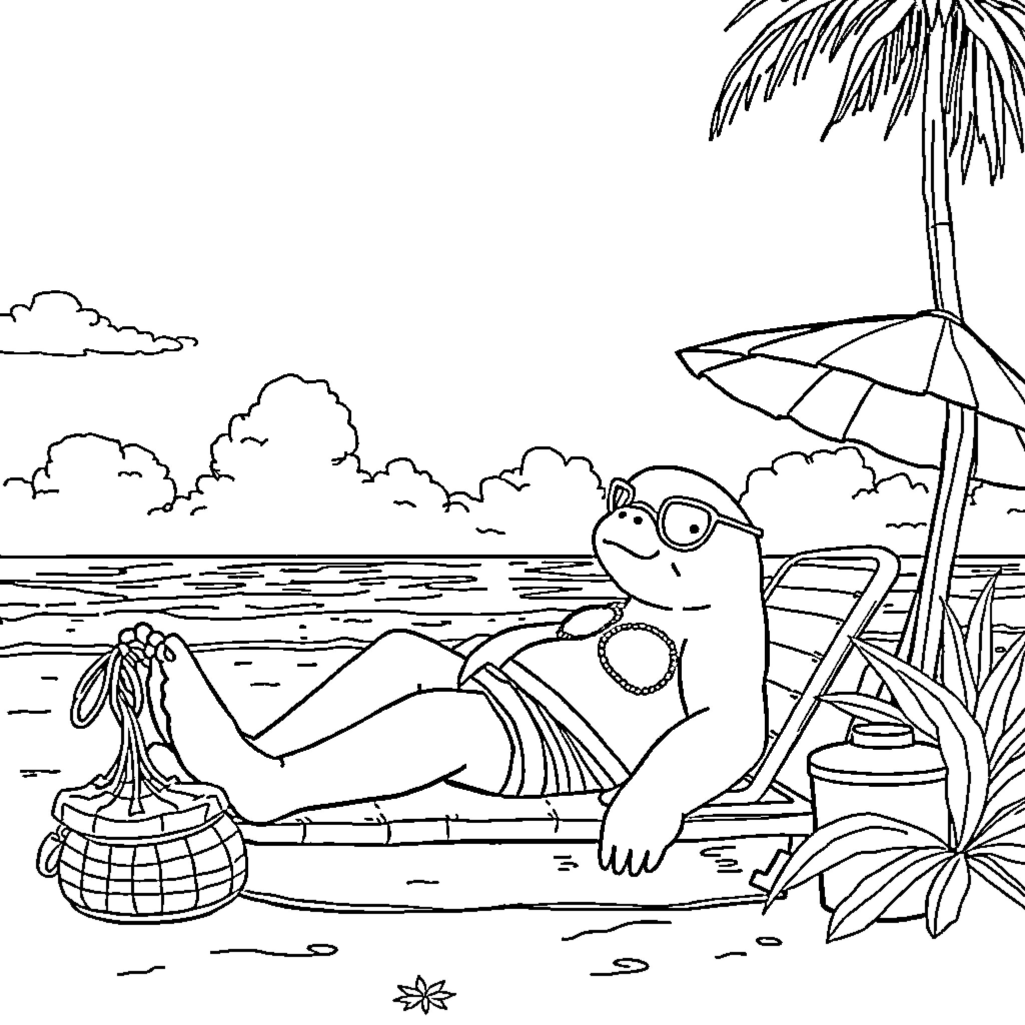 Mothman relaxing on the beach Coloring Page (free black-and-white line drawing printable PDF for all, from beginners to advanced learners, including children, teens, adults, and seniors)