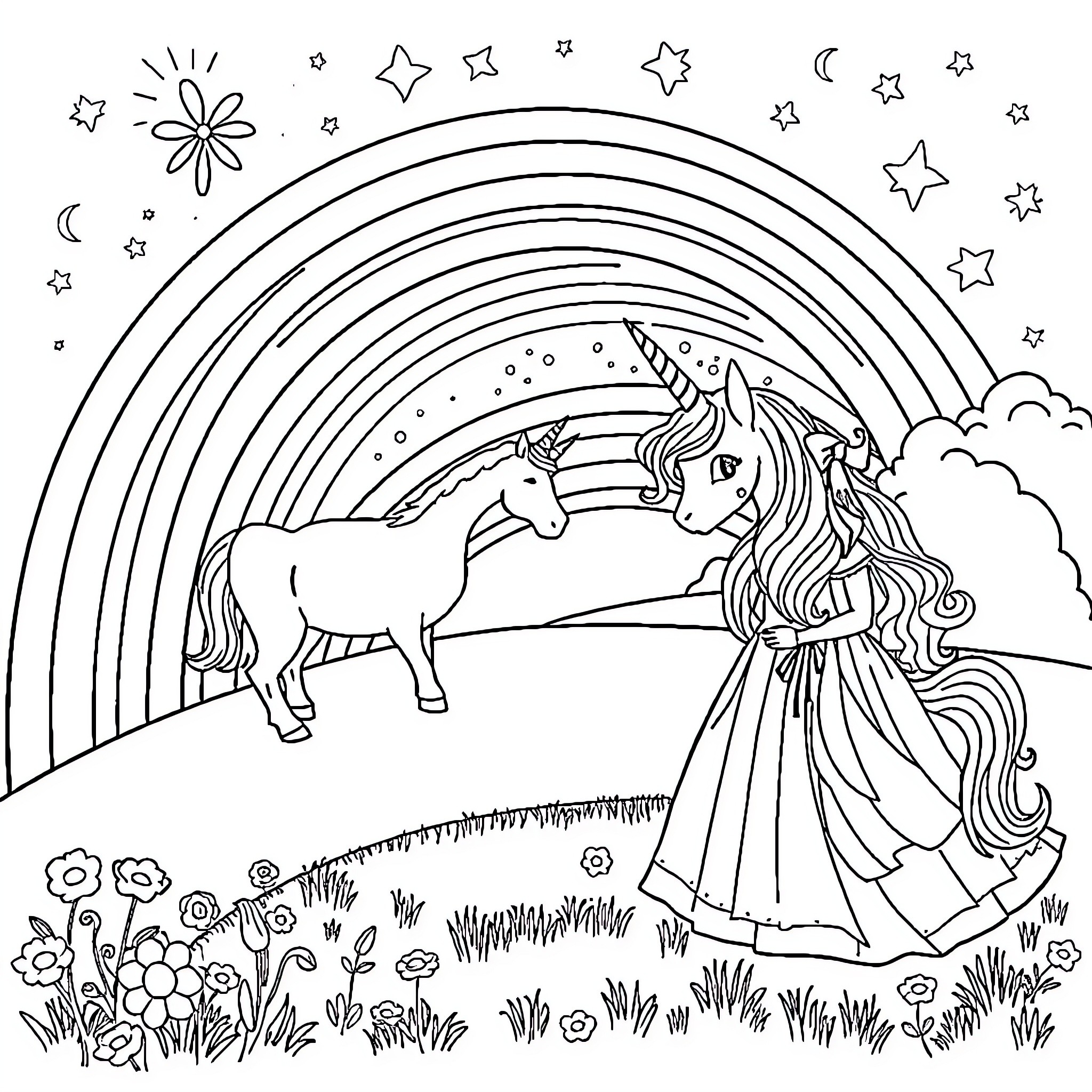 Unicorn and magical girl in fantasy landscape Coloring Page (free black-and-white line drawing printable PDF for all, from beginners to advanced learners, including children, teens, adults, and seniors)