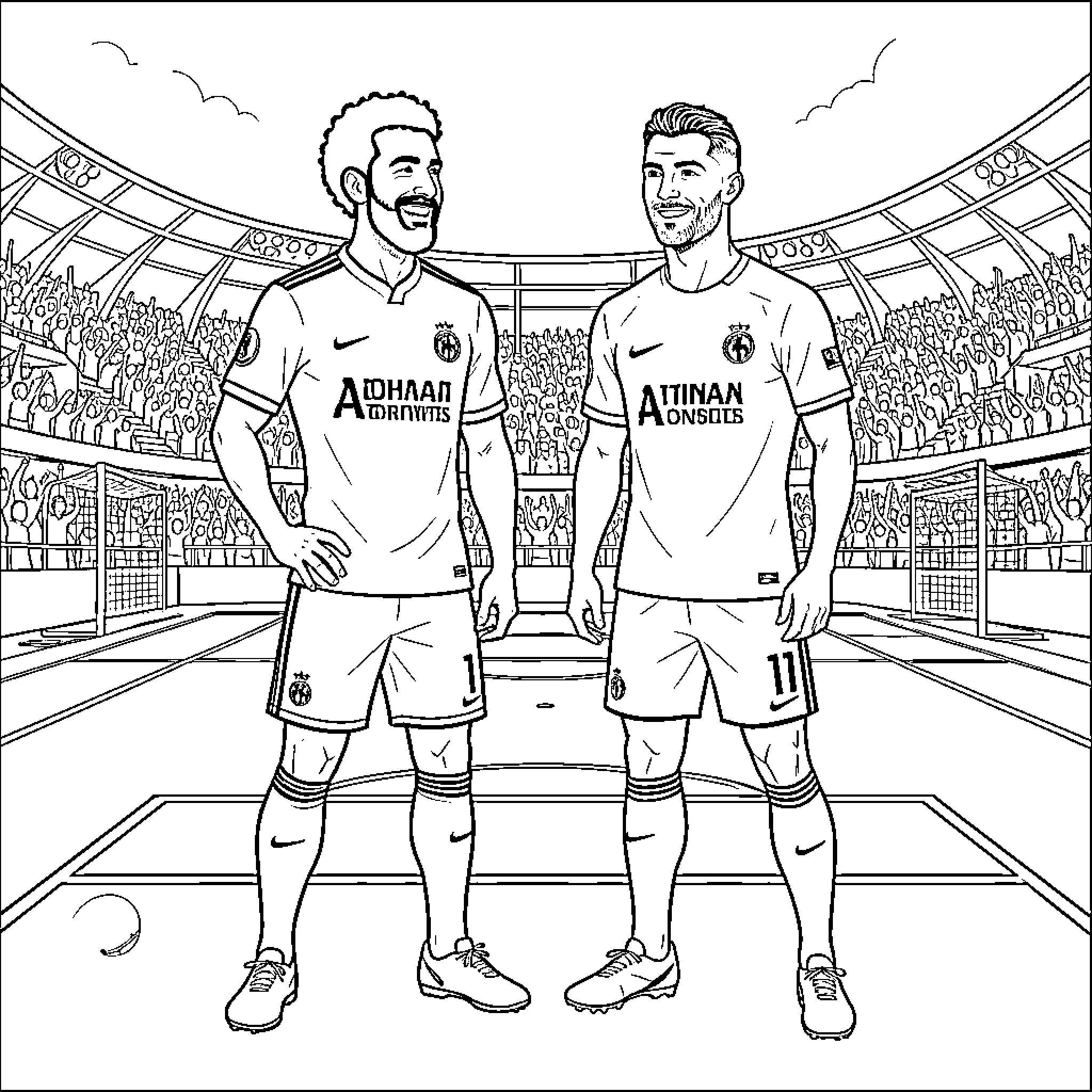 Mohamed Salah smiling alongside a teammate on a football pitch Coloring Page (free black-and-white line drawing printable PDF for all, from beginners to advanced learners, including children, teens, adults, and seniors)