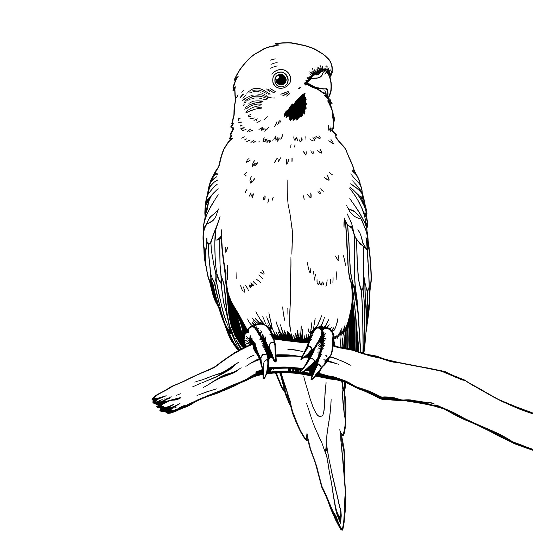 Budgerigar perching on a branch Coloring Page (free black-and-white line drawing printable PDF for all, from beginners to advanced learners, including children, teens, adults, and seniors)