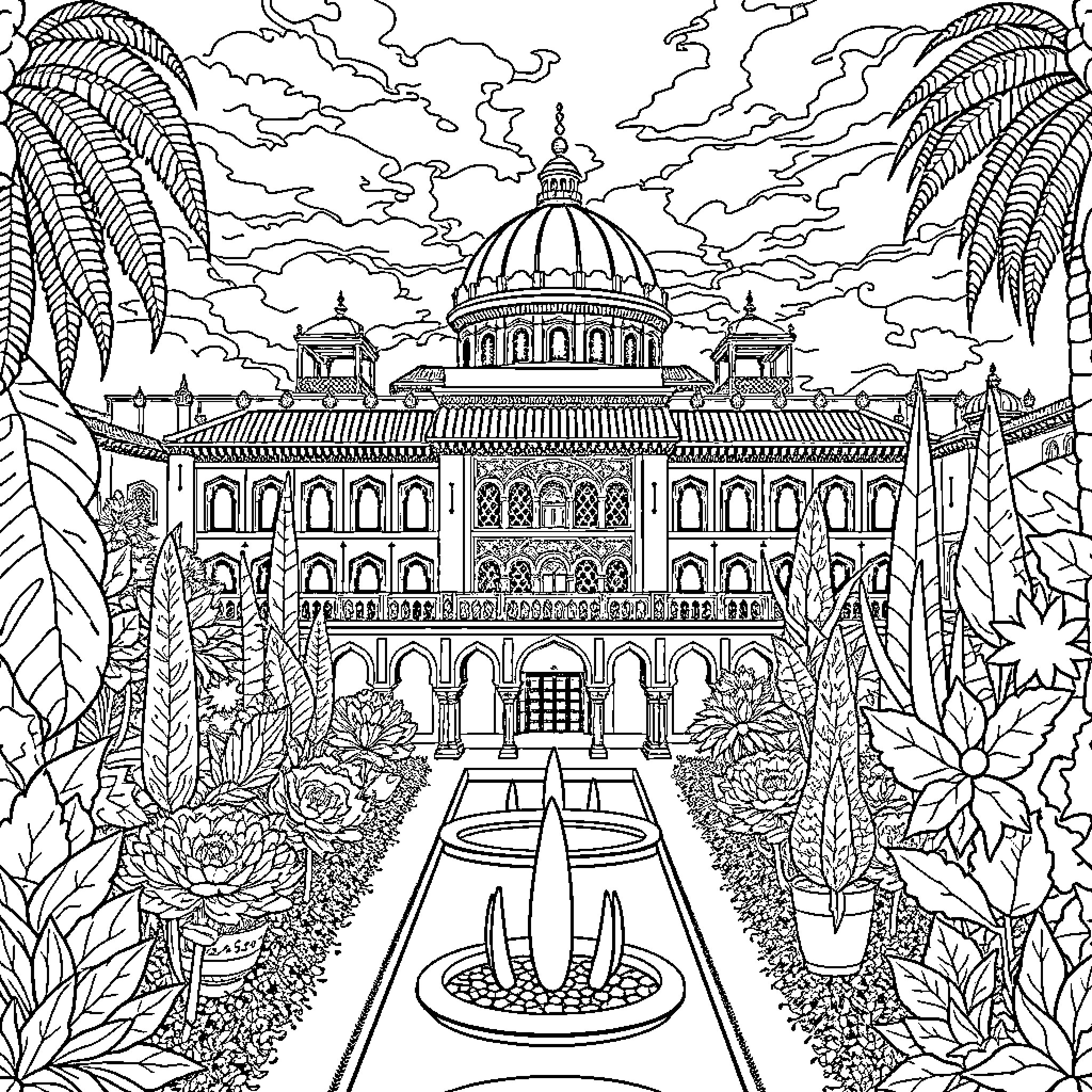 Alhambra: Intricate Architecture and Lush Garden Landscape Coloring Page (free black-and-white line drawing printable PDF for all, from beginners to advanced learners, including children, teens, adults, and seniors)