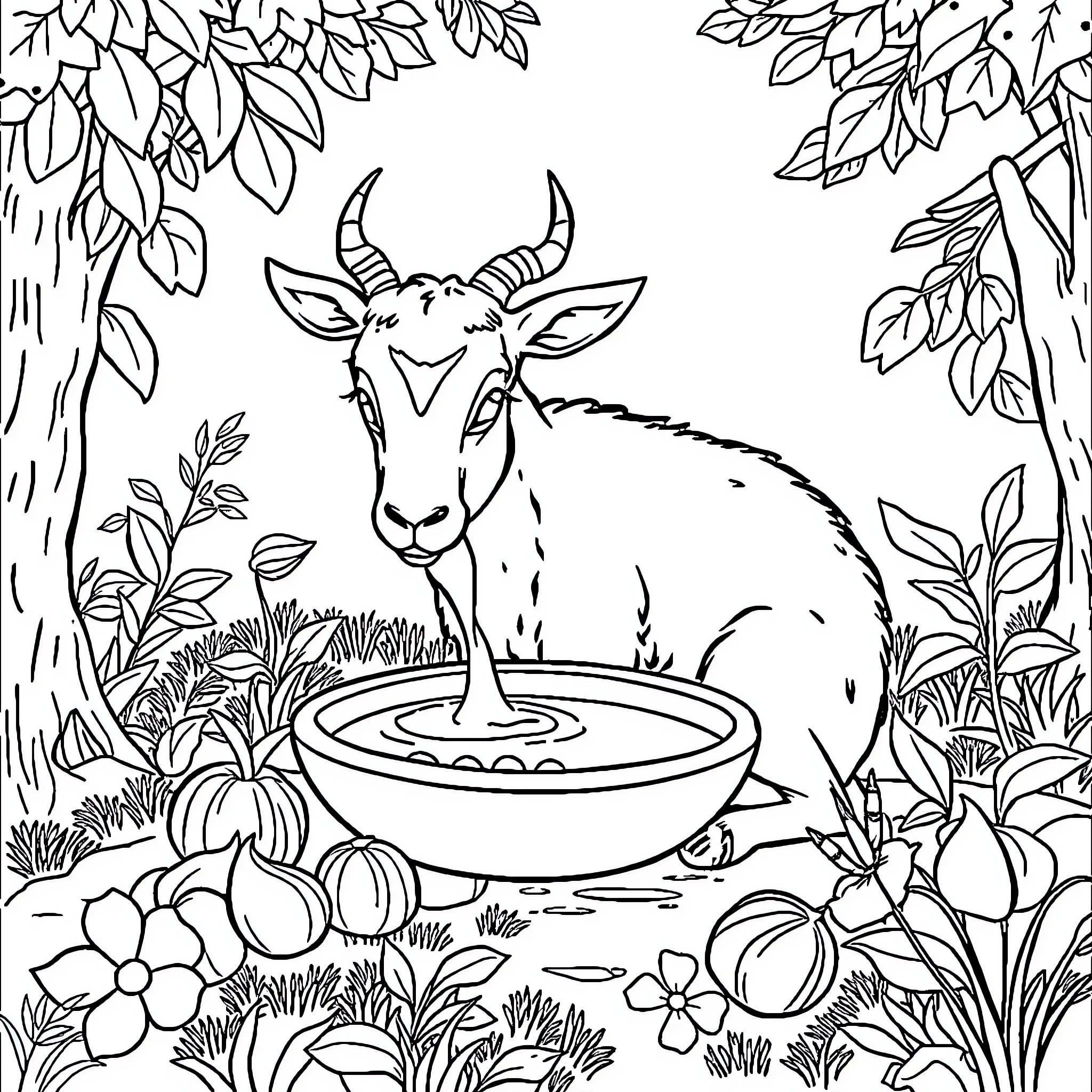 Goat drinking from a pond in a lush garden Coloring Page (free black-and-white line drawing printable PDF for all, from beginners to advanced learners, including children, teens, adults, and seniors)