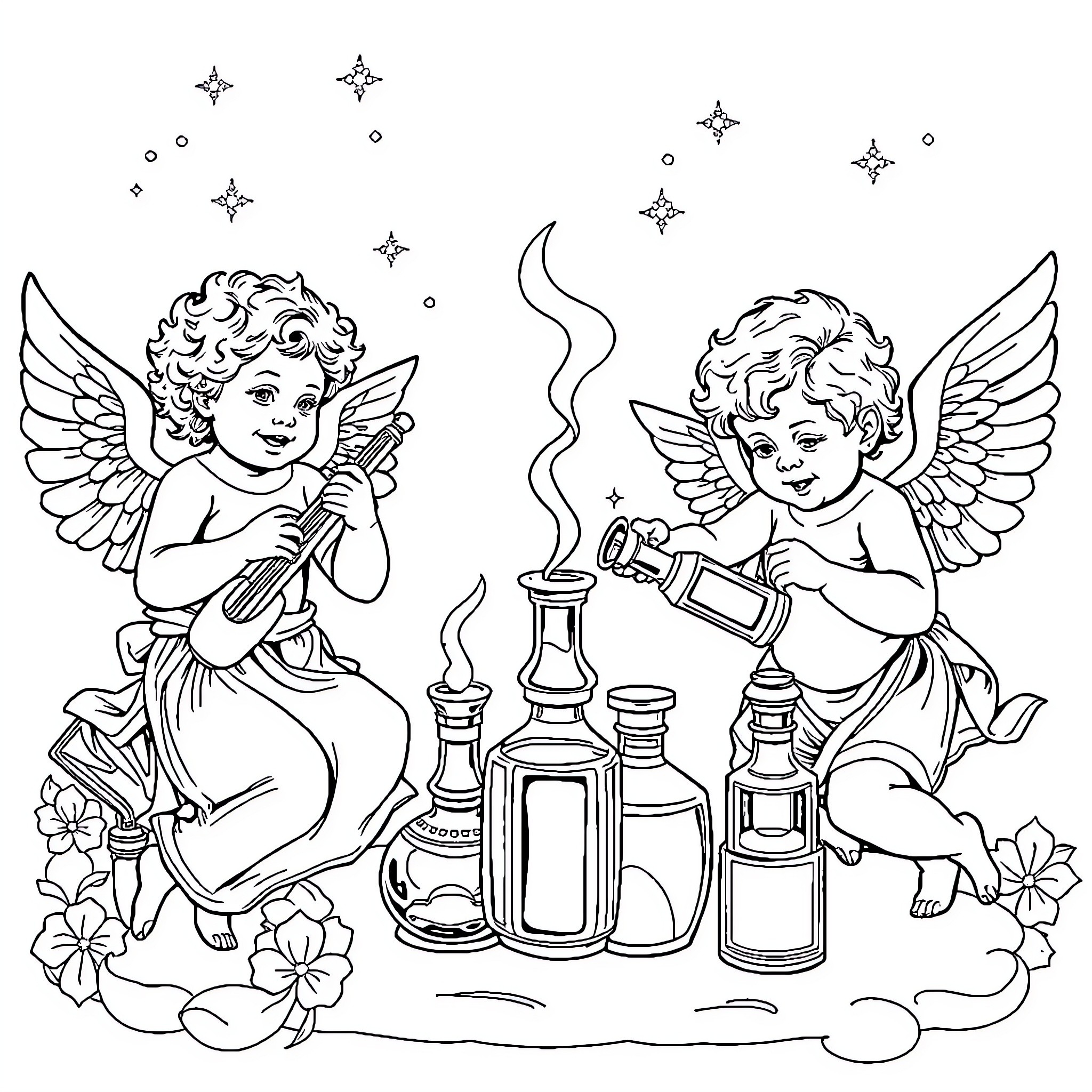 Cherub Angels Playing with Glass Bottles and Flowers Coloring Page (free black-and-white line drawing printable PDF for all, from beginners to advanced learners, including children, teens, adults, and seniors)