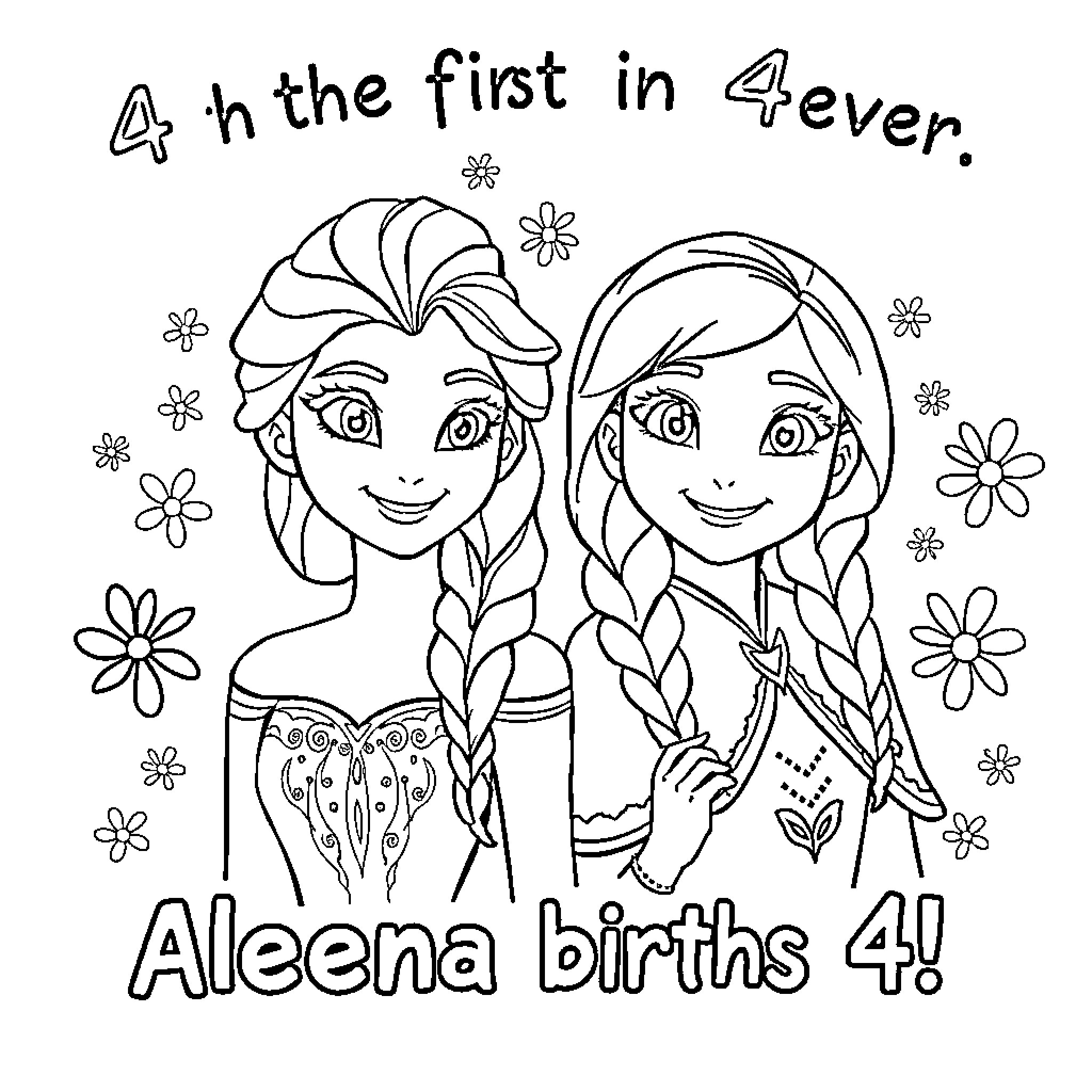 Elsa and Anna celebrate Aleena's 4th birthday Coloring Page (free black-and-white line drawing printable PDF for all, from beginners to advanced learners, including children, teens, adults, and seniors)