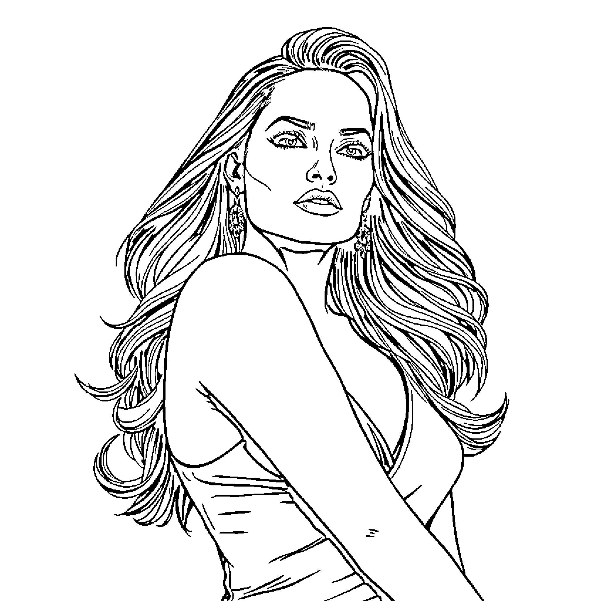 Angelina Jolie in introspective pose Coloring Page (free black-and-white line drawing printable PDF for all, from beginners to advanced learners, including children, teens, adults, and seniors)