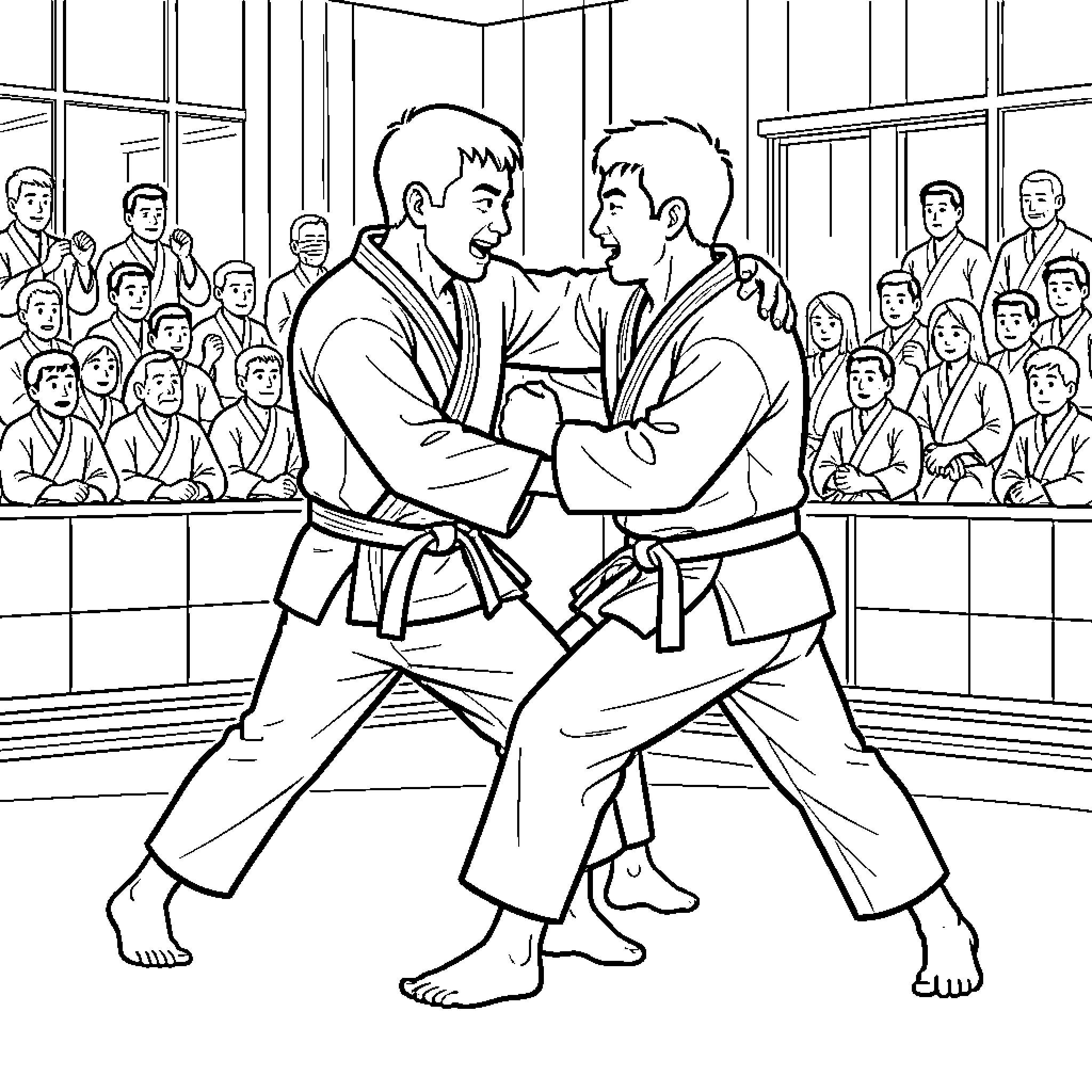 Judo practitioners competing in a match during a tournament Coloring Page (free black-and-white line drawing printable PDF for all, from beginners to advanced learners, including children, teens, adults, and seniors)