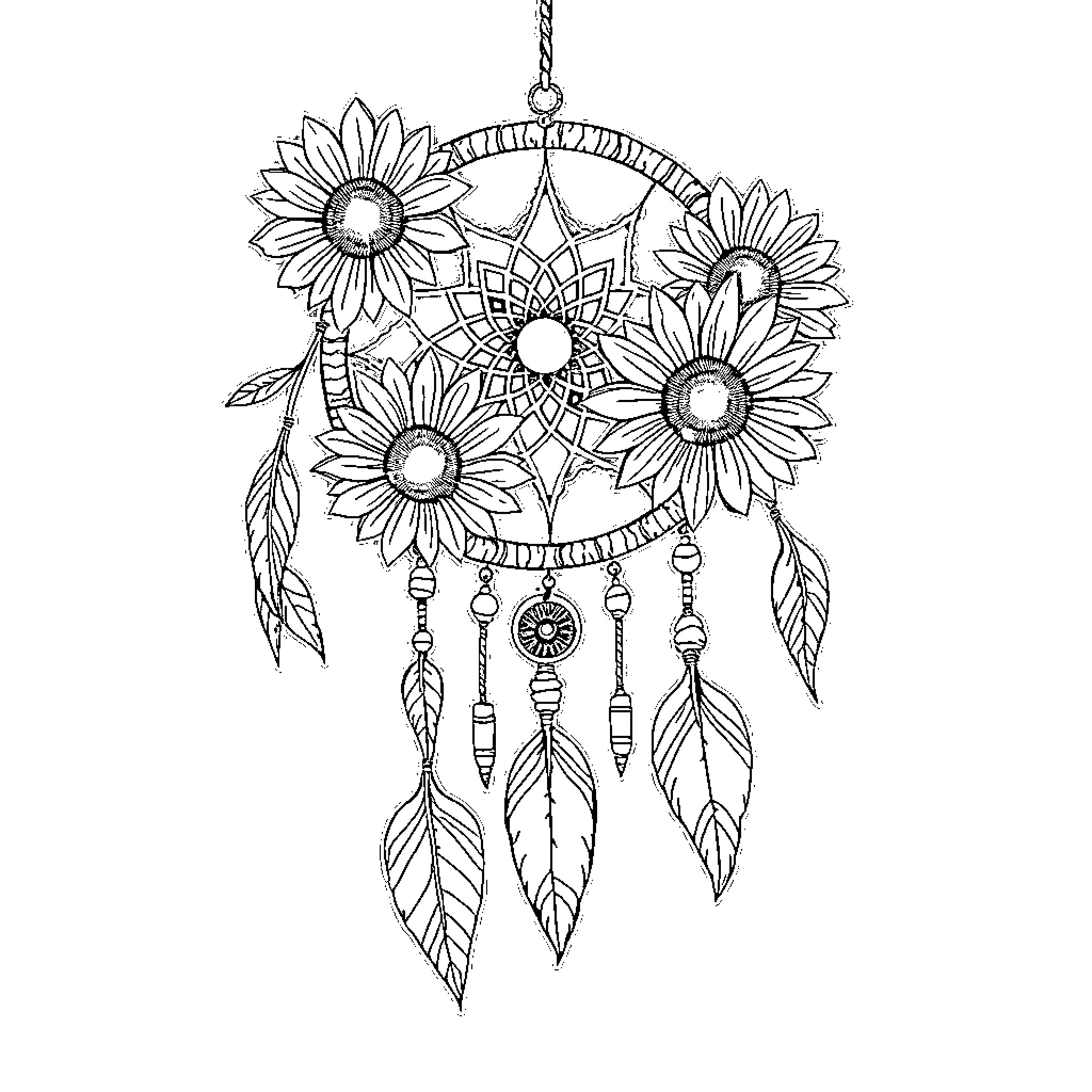 Sunflower Dream Catcher with Feathers Coloring Page (free black-and-white line drawing printable PDF for all, from beginners to advanced learners, including children, teens, adults, and seniors)