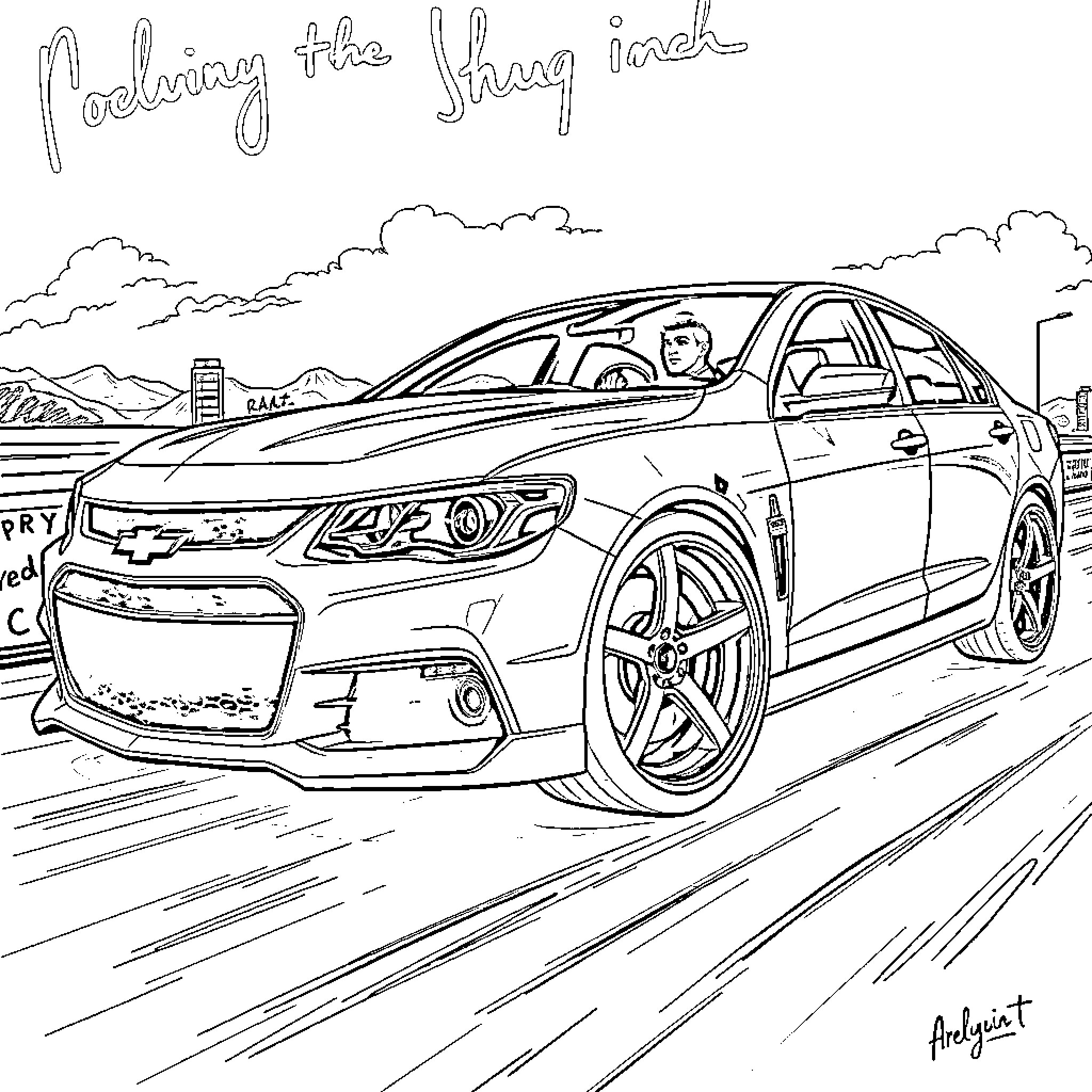 Thug racing aggressively on the street Coloring Page (free black-and-white line drawing printable PDF for all, from beginners to advanced learners, including children, teens, adults, and seniors)