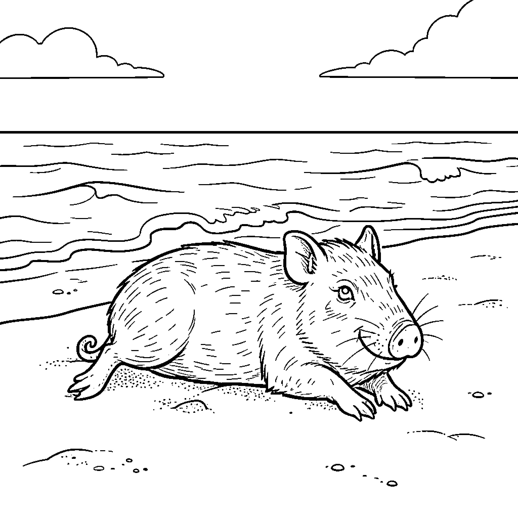 Whistle Pig relaxing peacefully on a sandy beach Coloring Page (free black-and-white line drawing printable PDF for all, from beginners to advanced learners, including children, teens, adults, and seniors)