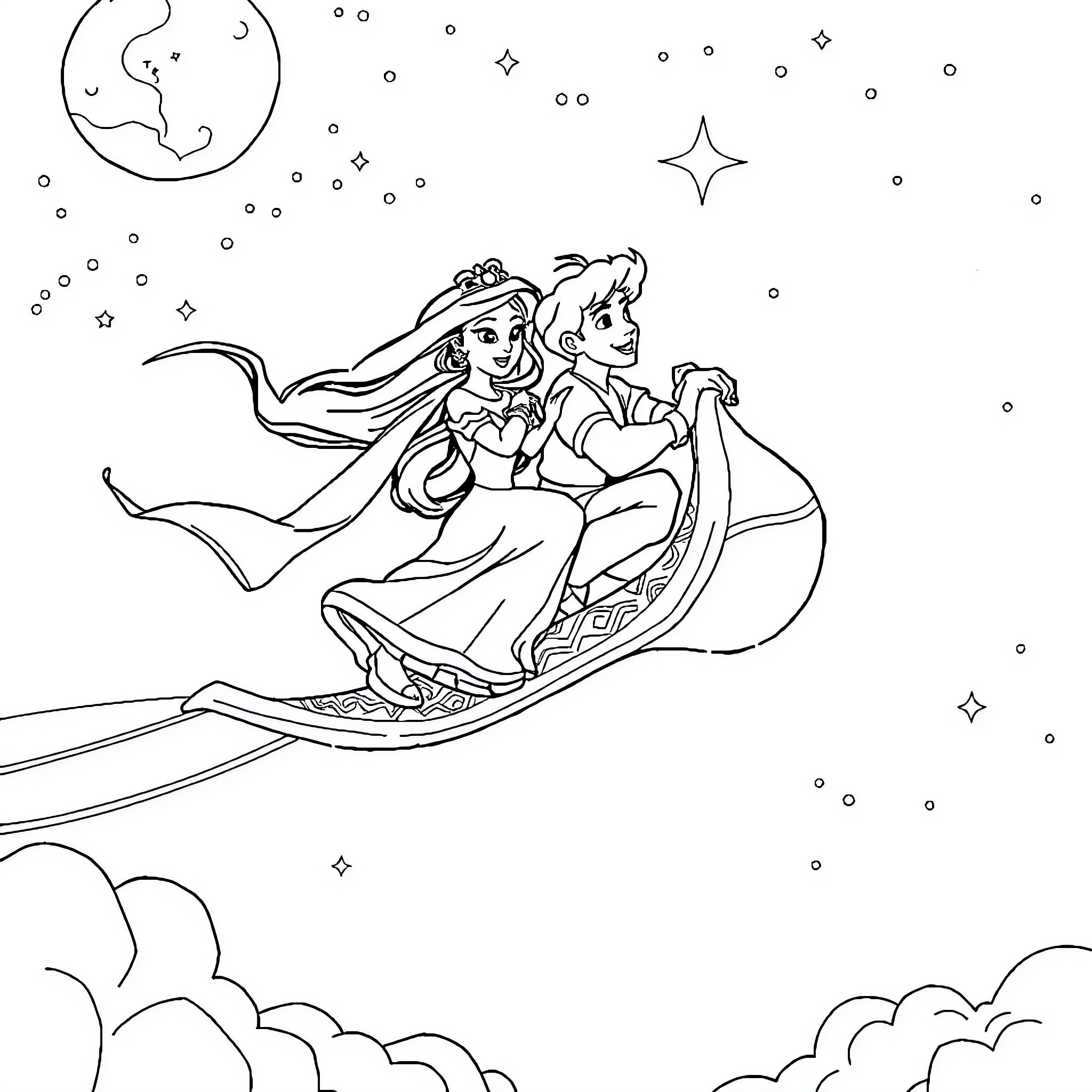 Aladdin and Jasmine riding magic carpet under starry night Coloring Page (free black-and-white line drawing printable PDF for all, from beginners to advanced learners, including children, teens, adults, and seniors)