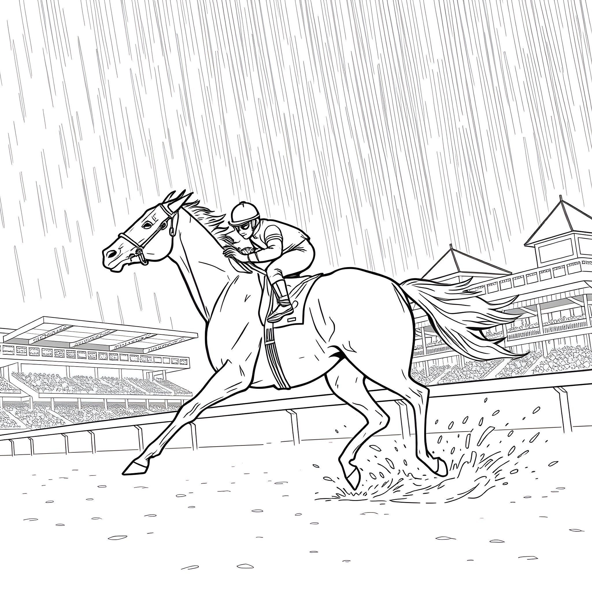 Horse racing in the rain Coloring Page (free black-and-white line drawing printable PDF for all, from beginners to advanced learners, including children, teens, adults, and seniors)