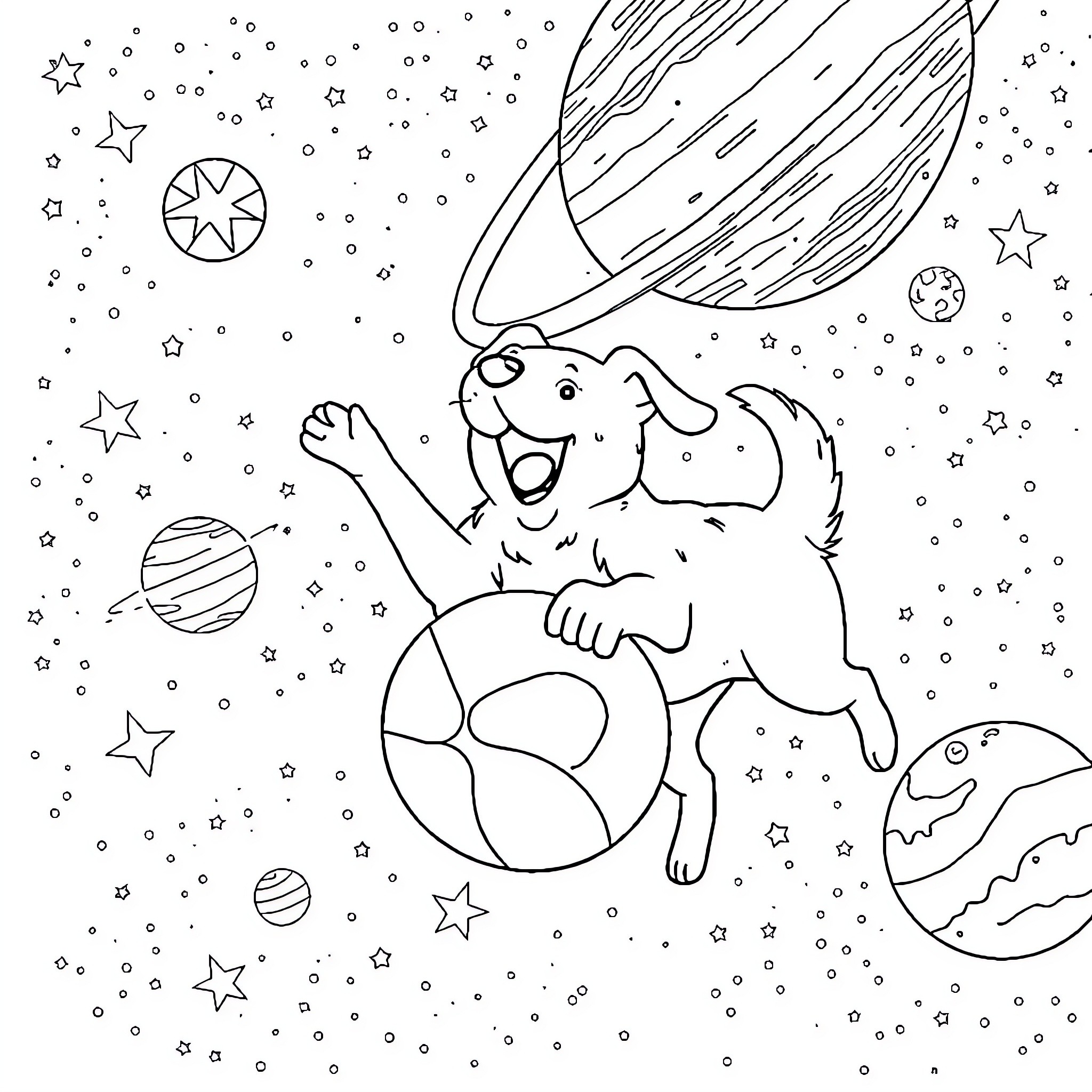 Dog playing with planet balls in the galaxy Coloring Page (free black-and-white line drawing printable PDF for all, from beginners to advanced learners, including children, teens, adults, and seniors)