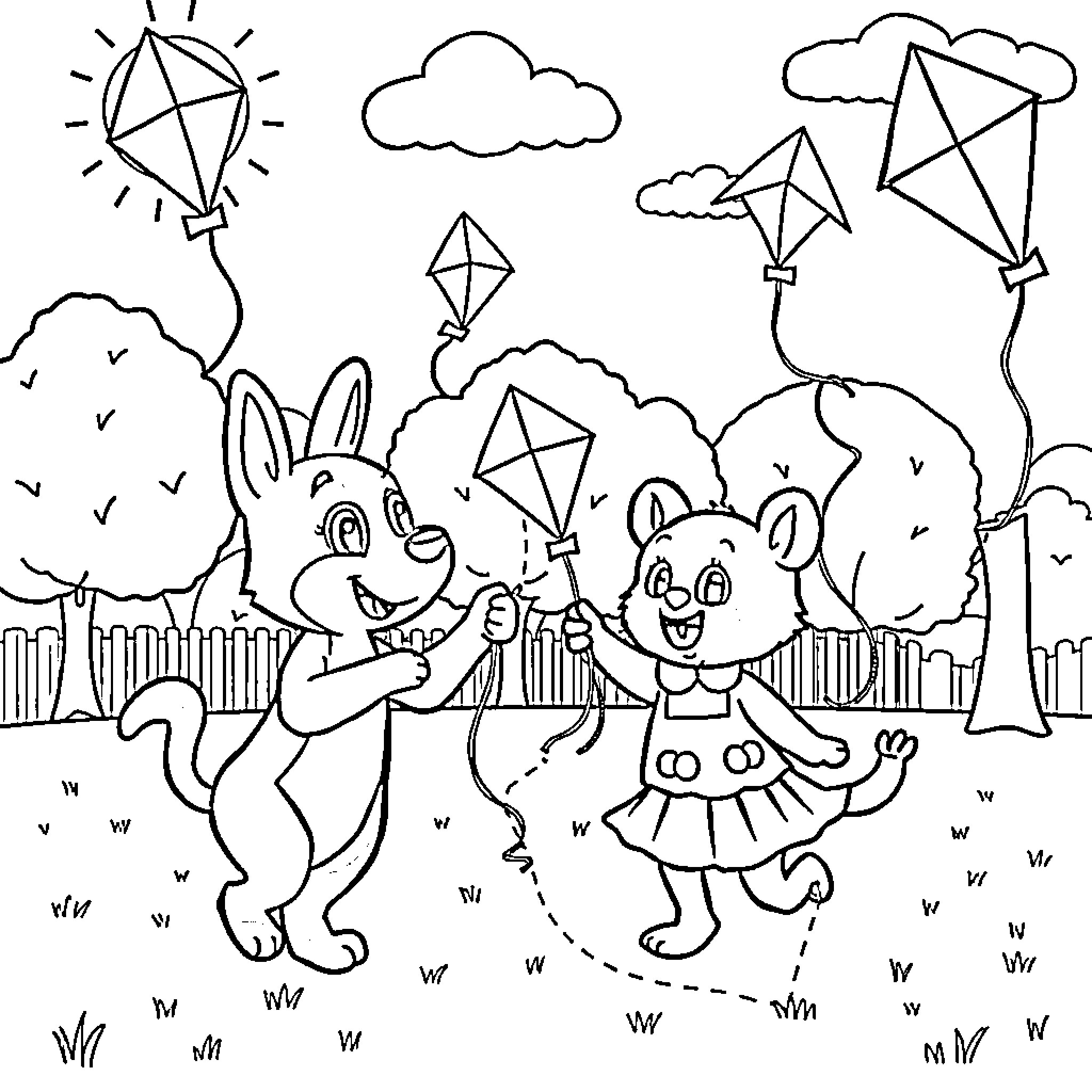 Bluey and Bingo play with kites in the park Coloring Page (free black-and-white line drawing printable PDF for all, from beginners to advanced learners, including children, teens, adults, and seniors)