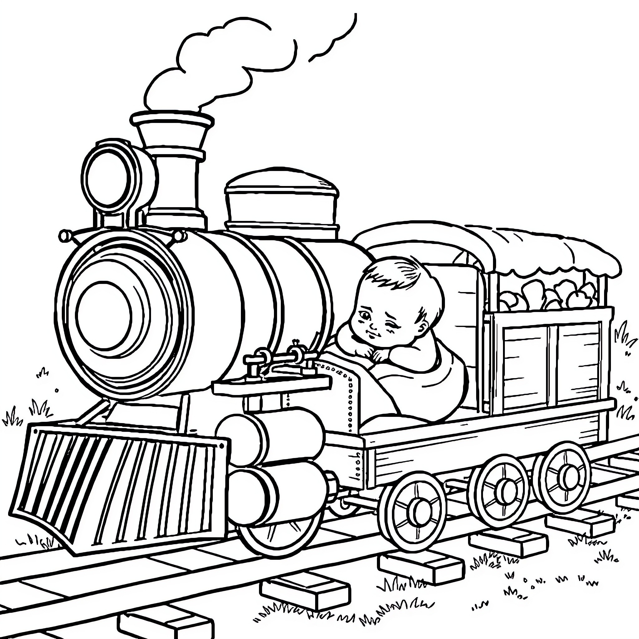 Train Carrying Sleeping Passenger Through Countryside Coloring Page (free black-and-white line drawing printable PDF for all, from beginners to advanced learners, including children, teens, adults, and seniors)