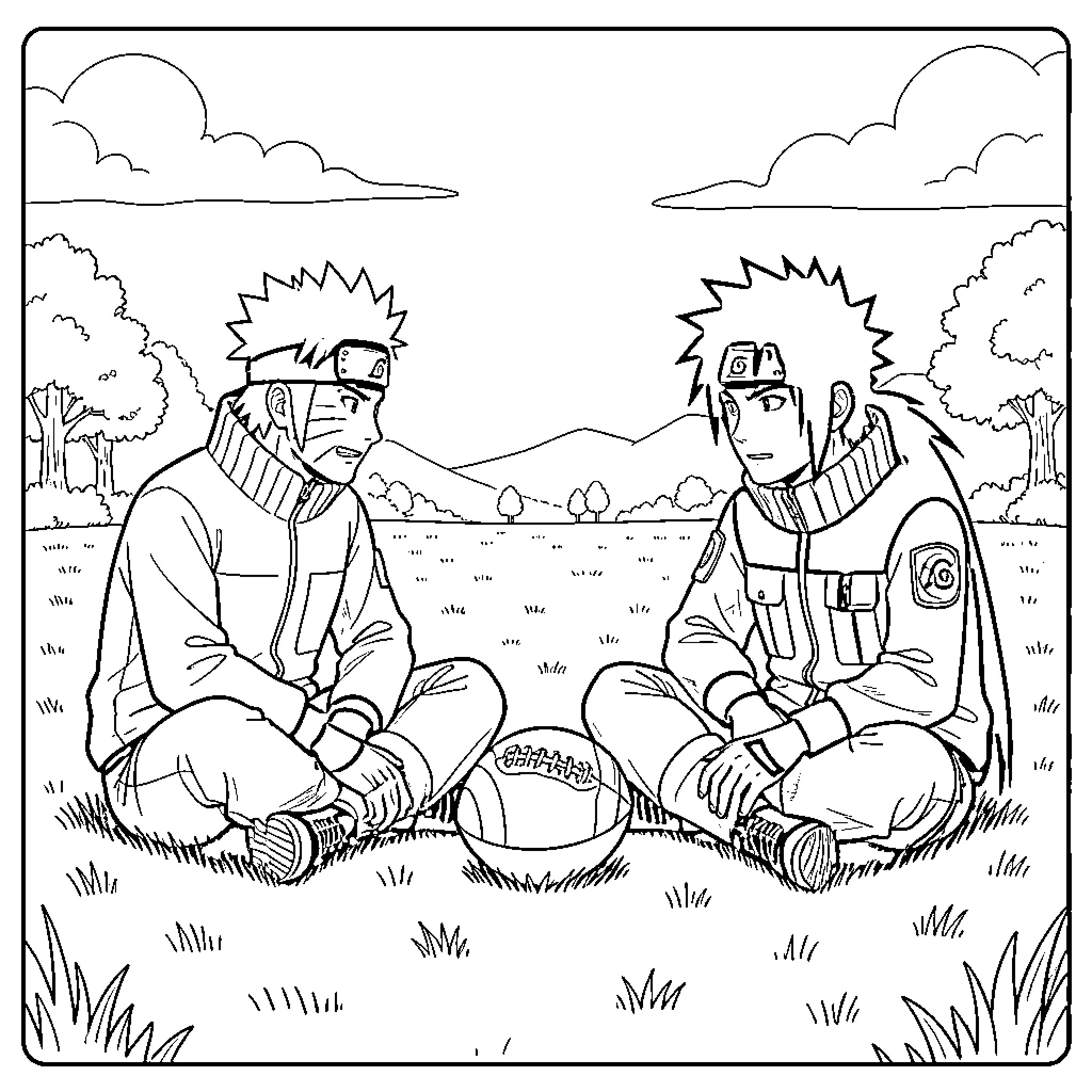 Naruto and Minato sitting together with a ball Coloring Page (free black-and-white line drawing printable PDF for all, from beginners to advanced learners, including children, teens, adults, and seniors)