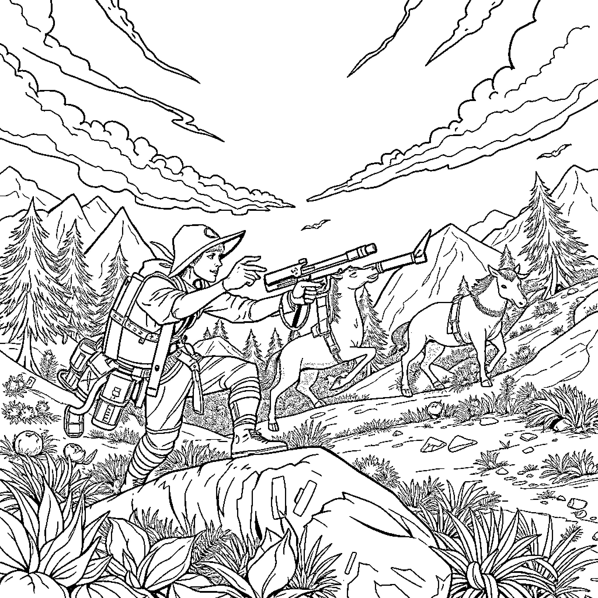 Huntrix on a Rugged Mountain Adventure Coloring Page (free black-and-white line drawing printable PDF for all, from beginners to advanced learners, including children, teens, adults, and seniors)