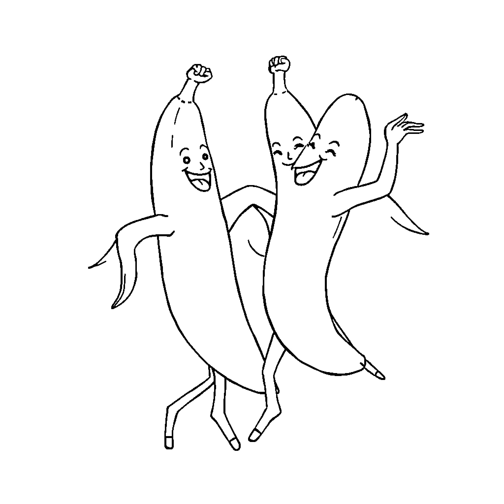 Humanoid Bananas Celebrating with Enthusiasm Coloring Page (free black-and-white line drawing printable PDF for all, from beginners to advanced learners, including children, teens, adults, and seniors)
