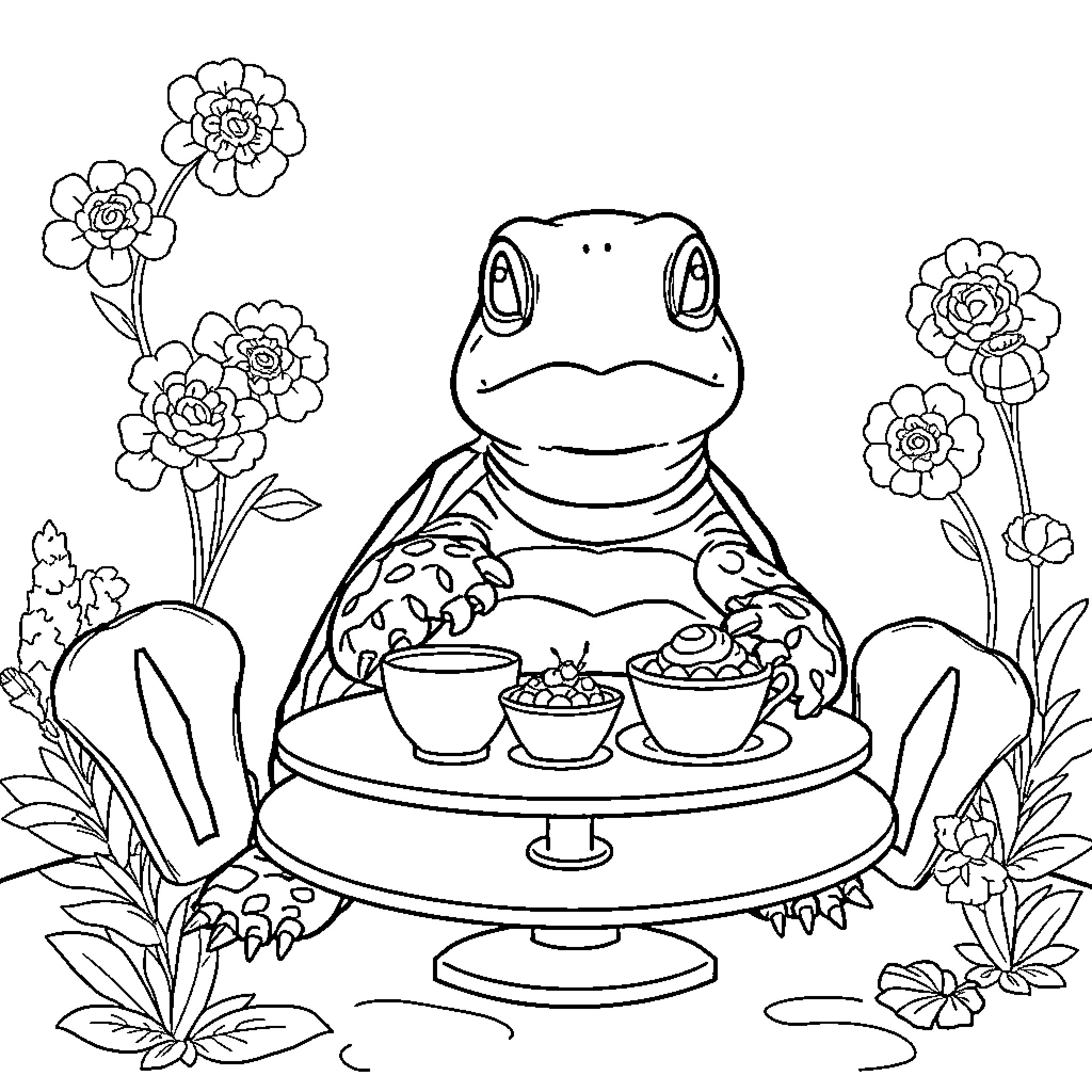 Turtle enjoying a meal on a pedestal surrounded by flowers Coloring Page (free black-and-white line drawing printable PDF for all, from beginners to advanced learners, including children, teens, adults, and seniors)