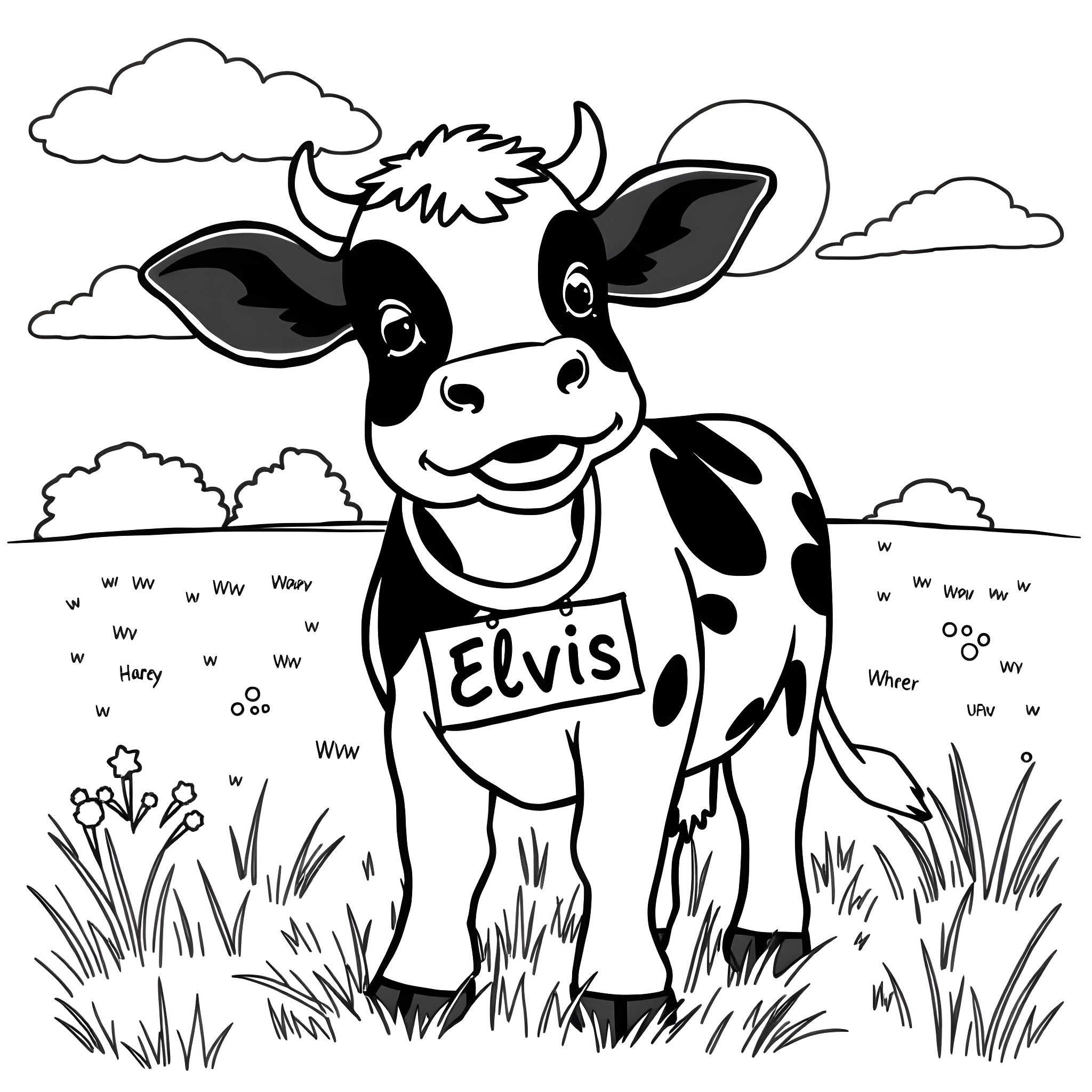 Cow with an Elvis shirt in a grassy field Coloring Page (free black-and-white line drawing printable PDF for all, from beginners to advanced learners, including children, teens, adults, and seniors)