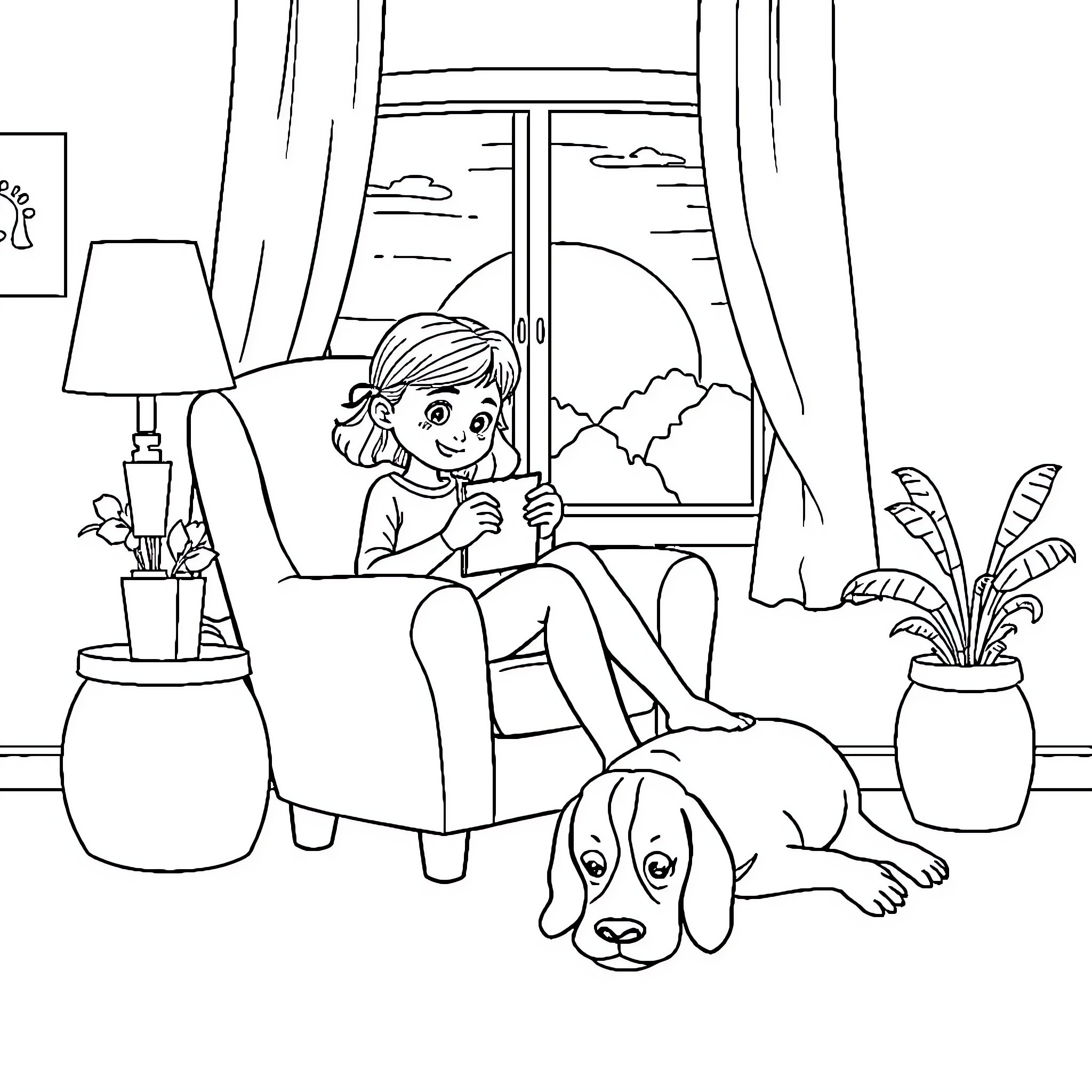 Girl reading book with pet dog in cozy room Coloring Page (free black-and-white line drawing printable PDF for all, from beginners to advanced learners, including children, teens, adults, and seniors)
