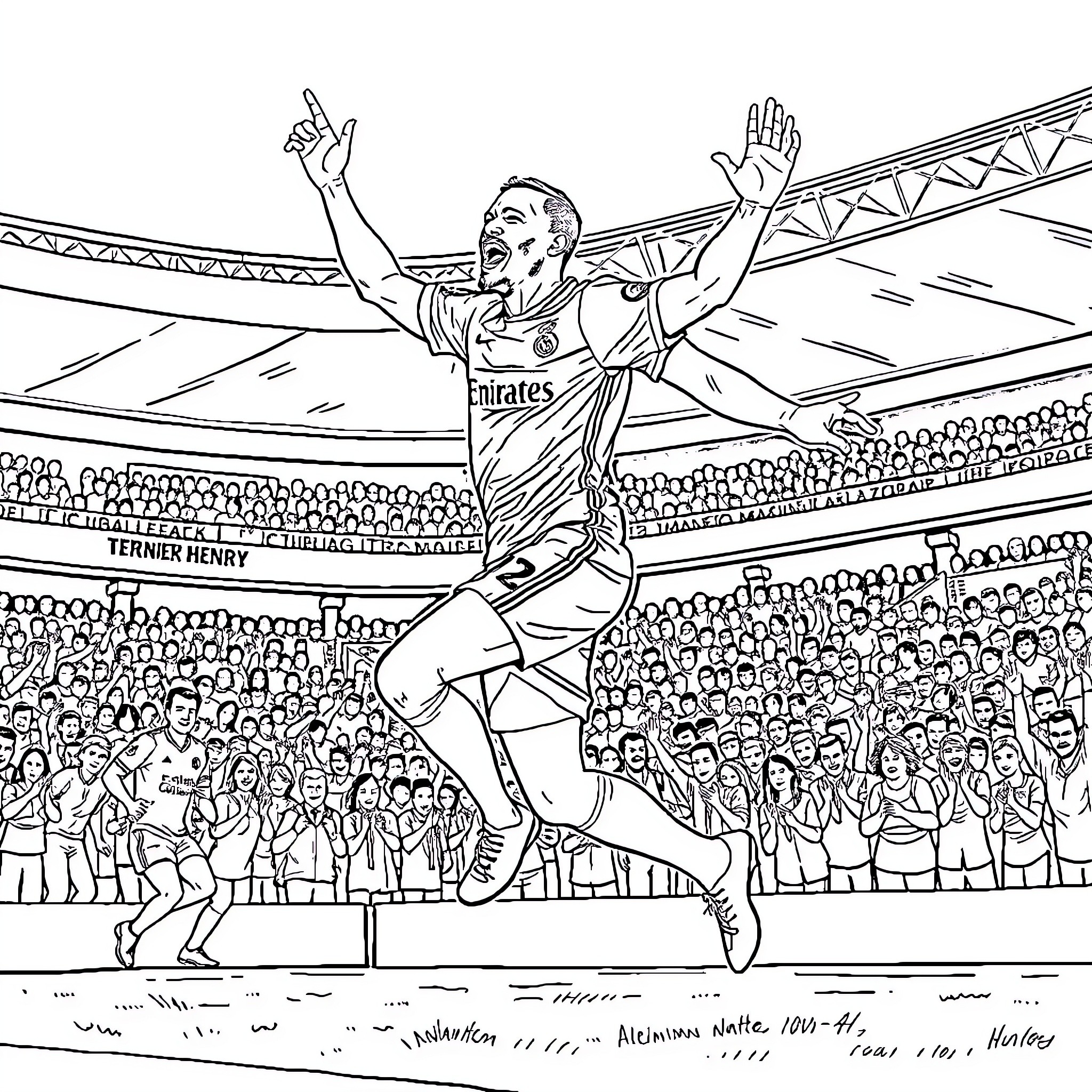 Thierry Henry celebrating in front of cheering crowd Coloring Page (free black-and-white line drawing printable PDF for all, from beginners to advanced learners, including children, teens, adults, and seniors)