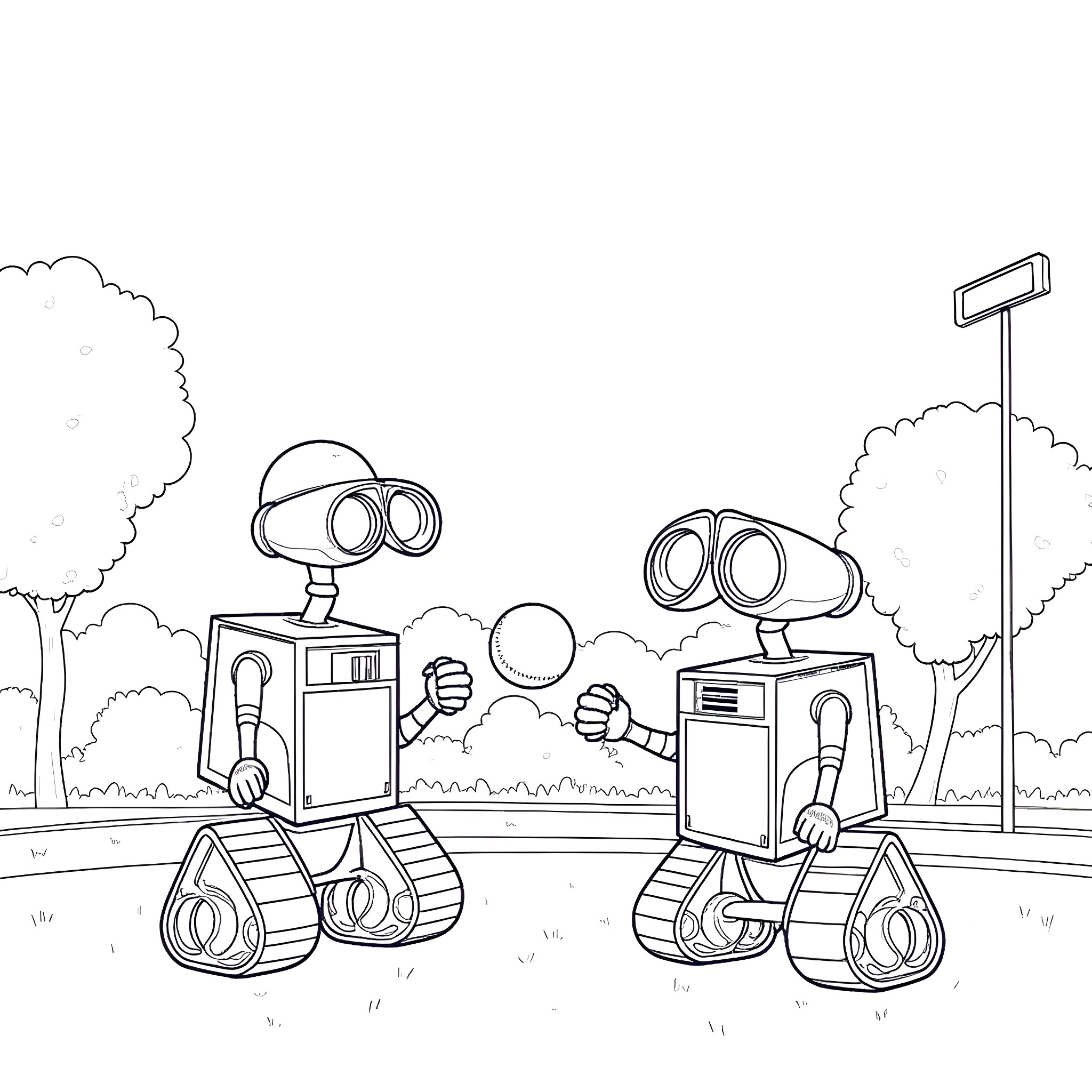 Wall-E robots exploring the outdoors Coloring Page (free black-and-white line drawing printable PDF for all, from beginners to advanced learners, including children, teens, adults, and seniors)