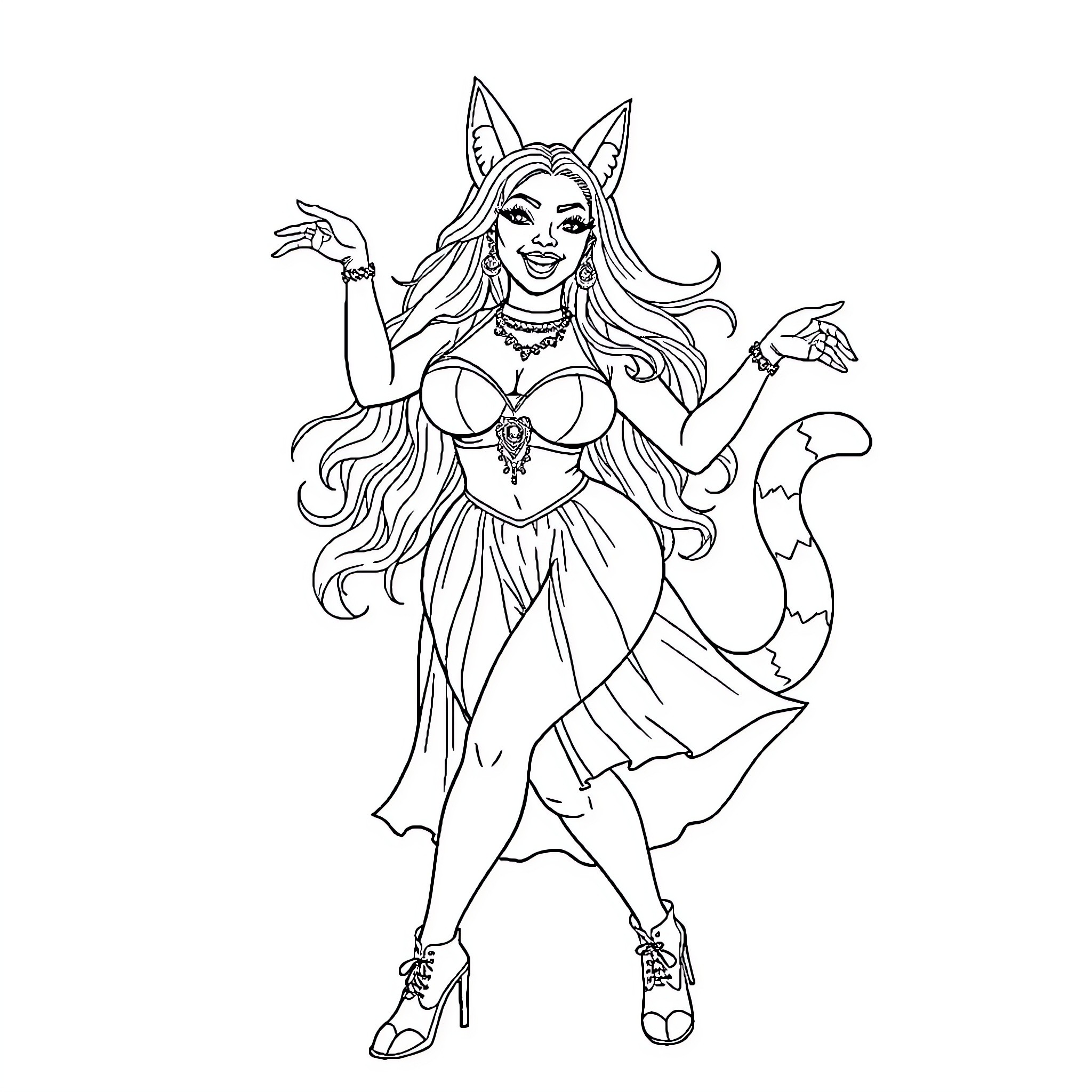 Nicki Minaj as a Fantastical Feline Performer Coloring Page (free black-and-white line drawing printable PDF for all, from beginners to advanced learners, including children, teens, adults, and seniors)