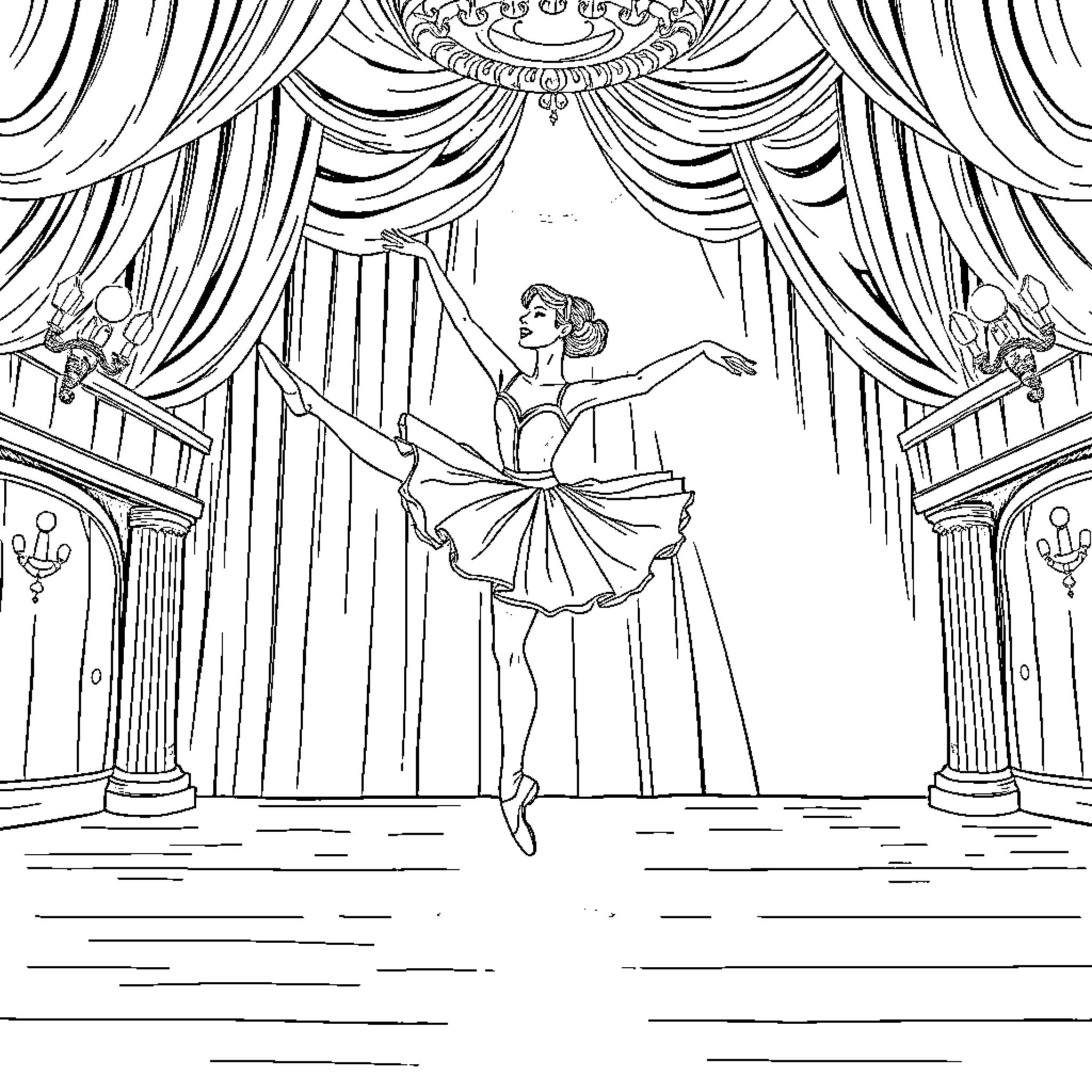 Ballerina performing on stage in a dramatic setting Coloring Page (free black-and-white line drawing printable PDF for all, from beginners to advanced learners, including children, teens, adults, and seniors)