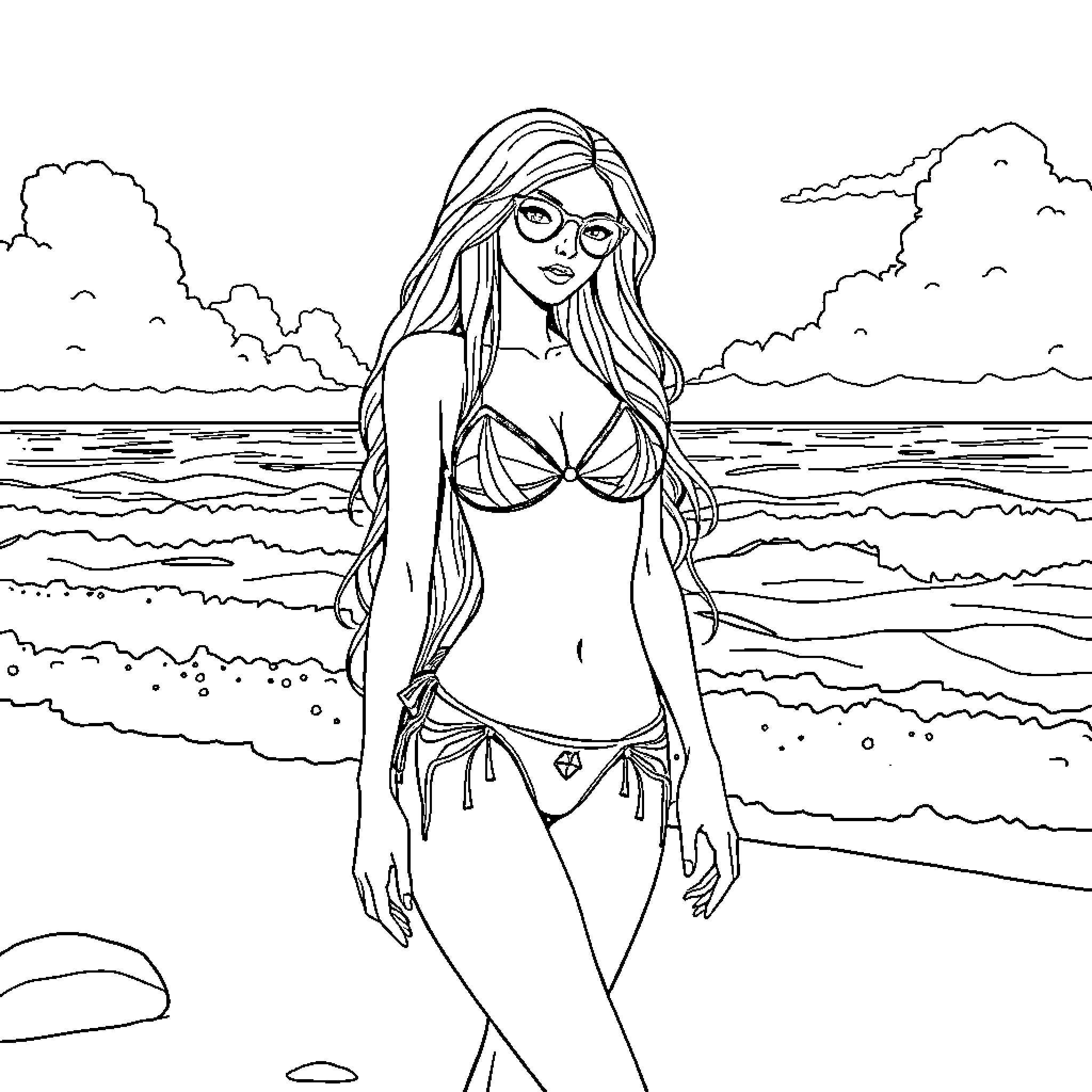 Sylvanis enjoying a day at the beach Coloring Page (free black-and-white line drawing printable PDF for all, from beginners to advanced learners, including children, teens, adults, and seniors)