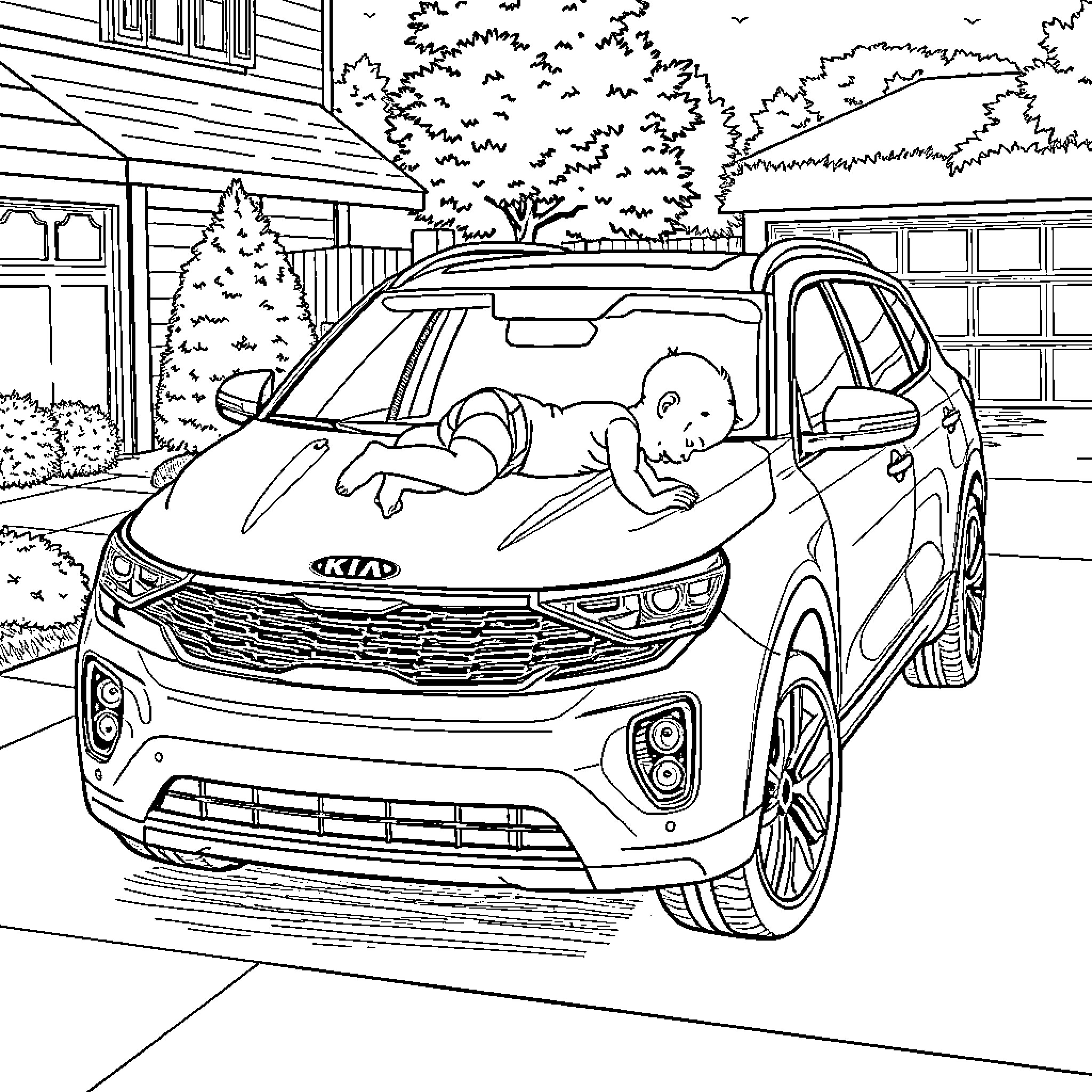 Baby sleeping peacefully in a car Coloring Page (free black-and-white line drawing printable PDF for all, from beginners to advanced learners, including children, teens, adults, and seniors)