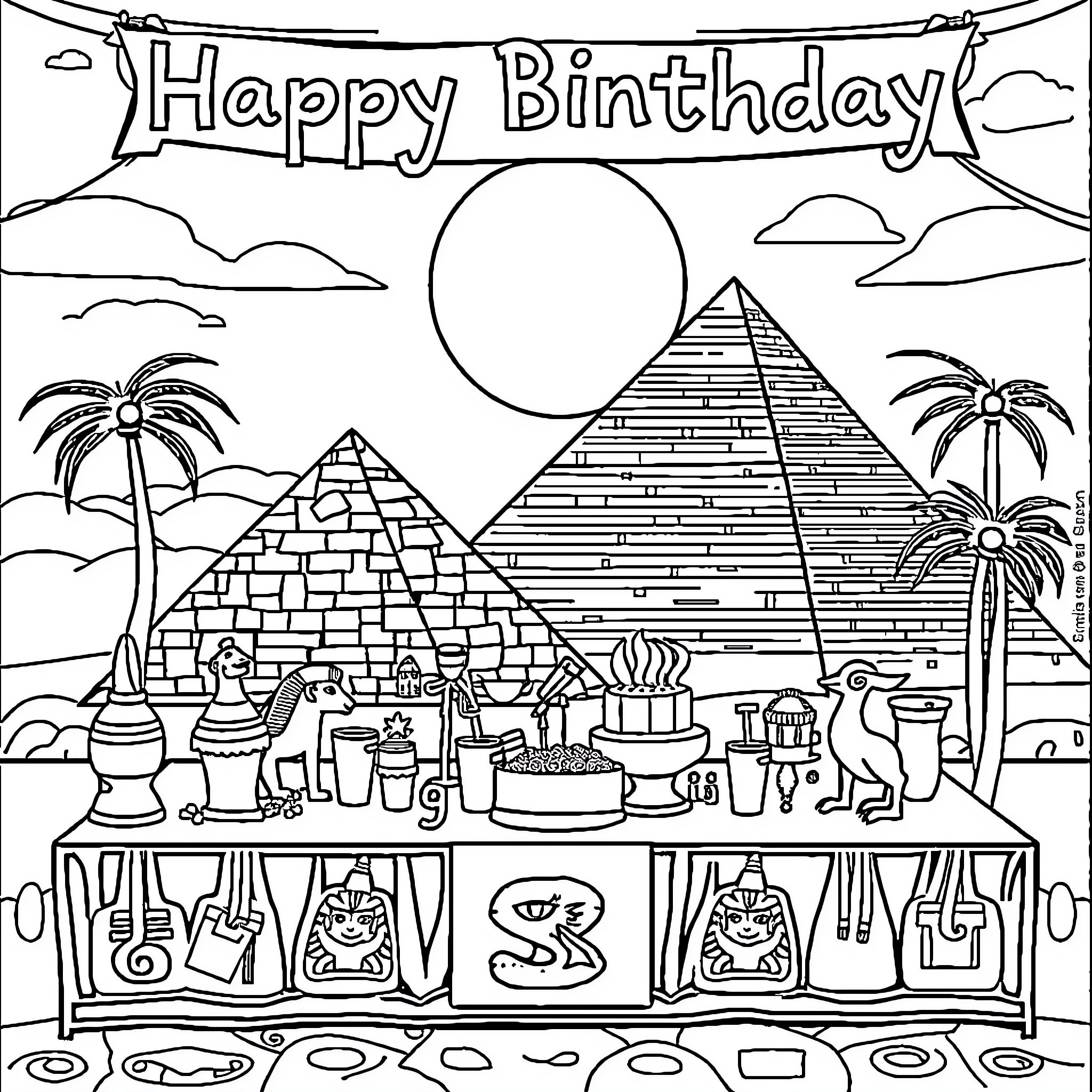 Egypte: Celebrating a Birthday in the Desert Coloring Page (free black-and-white line drawing printable PDF for all, from beginners to advanced learners, including children, teens, adults, and seniors)