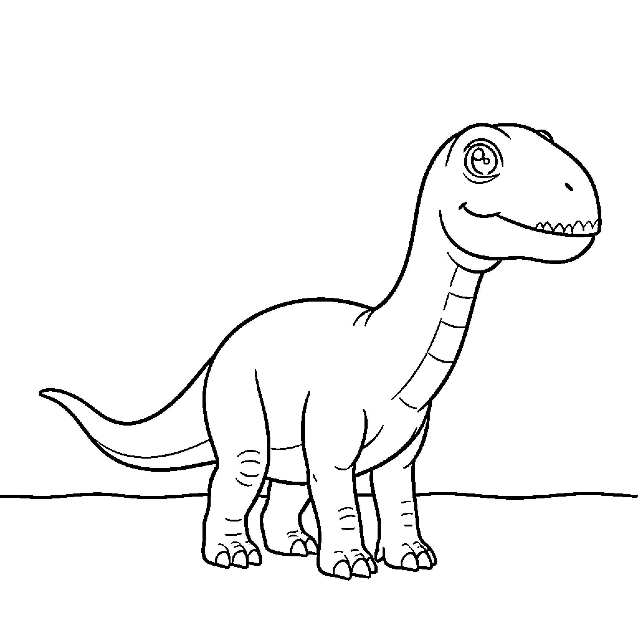 Dinosaur smiling and standing in an open landscape Coloring Page (free black-and-white line drawing printable PDF for all, from beginners to advanced learners, including children, teens, adults, and seniors)