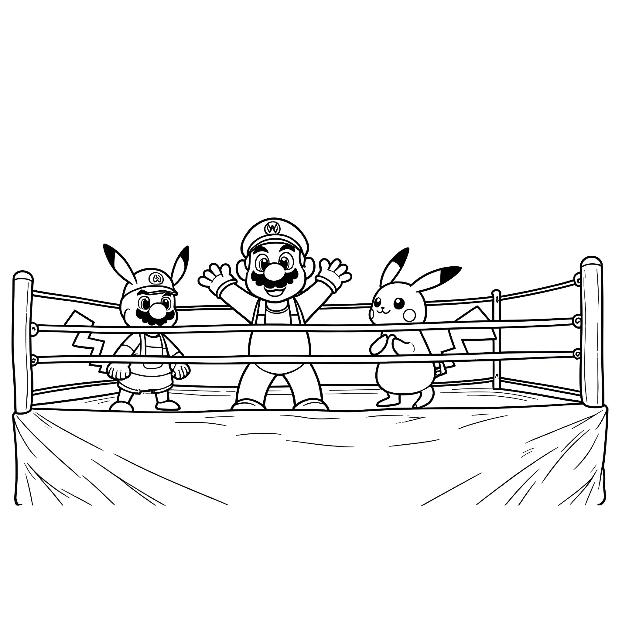 Mario Wrestling with Pokémon Friends in the Ring Coloring Page (free black-and-white line drawing printable PDF for all, from beginners to advanced learners, including children, teens, adults, and seniors)