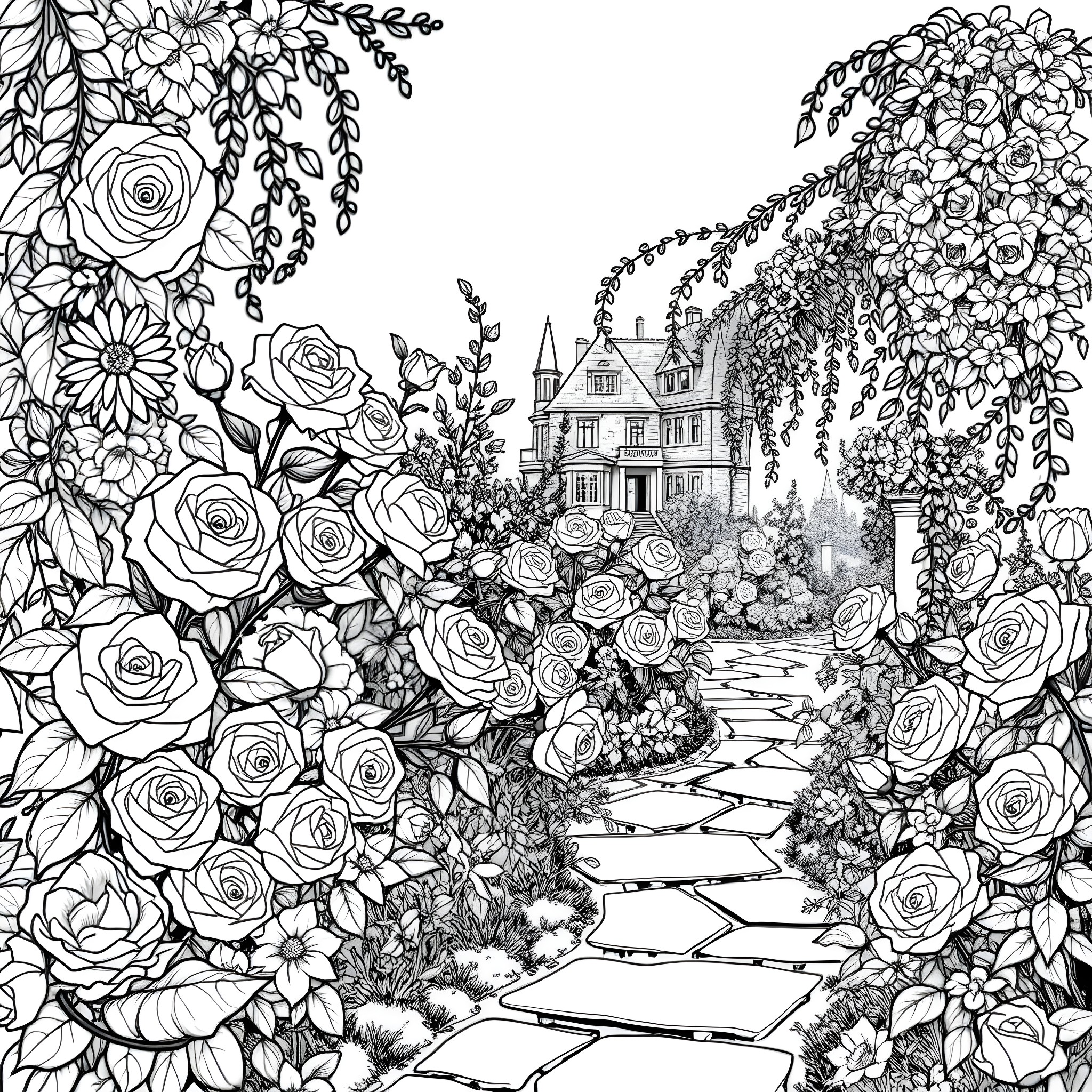 Rose Garden Path to a Stately Manor Coloring Page (free black-and-white line drawing printable PDF for all, from beginners to advanced learners, including children, teens, adults, and seniors)