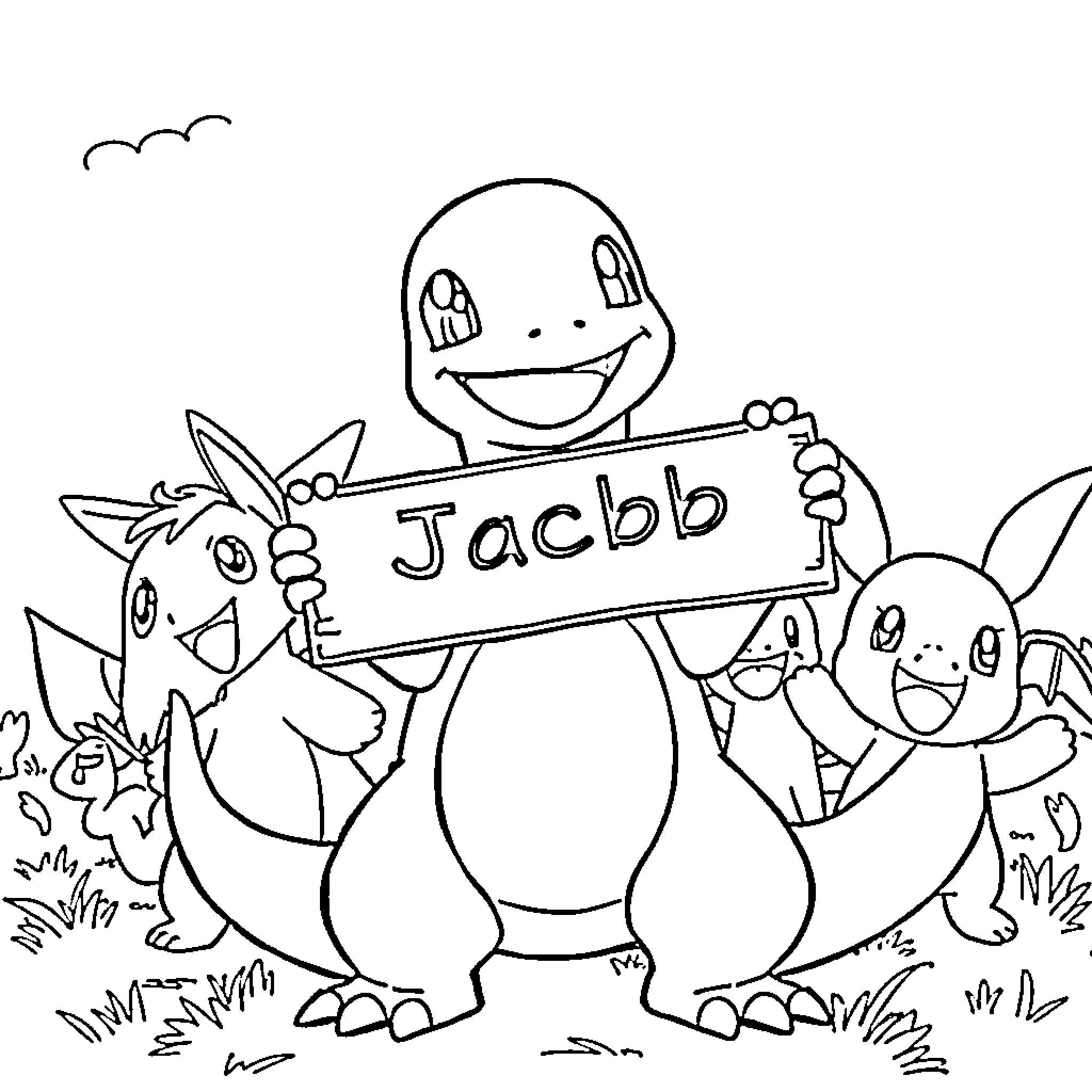 Charmander and friends hold a cheerful sign Coloring Page (free black-and-white line drawing printable PDF for all, from beginners to advanced learners, including children, teens, adults, and seniors)