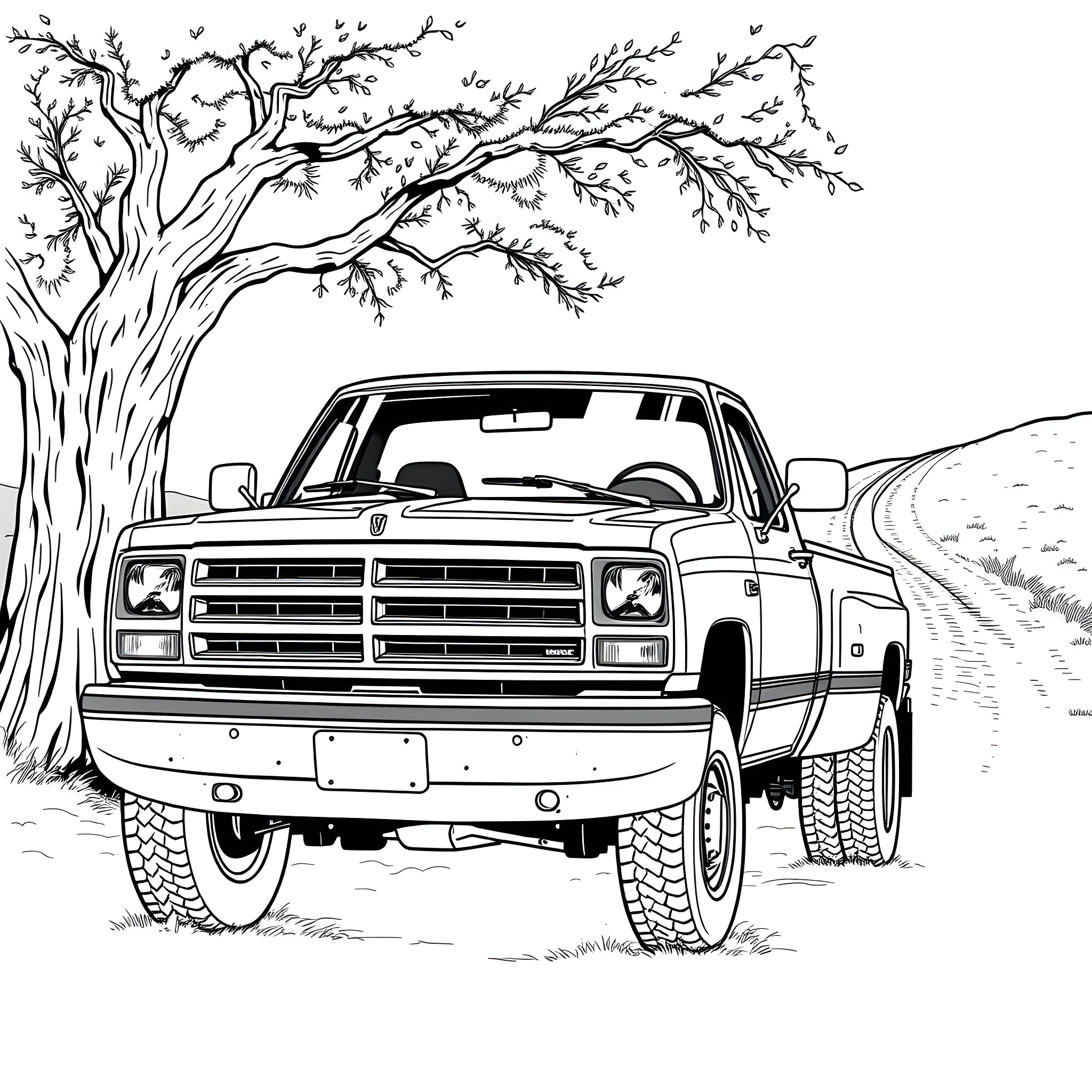 Ram Truck under the Leafy Tree Coloring Page (free black-and-white line drawing printable PDF for all, from beginners to advanced learners, including children, teens, adults, and seniors)