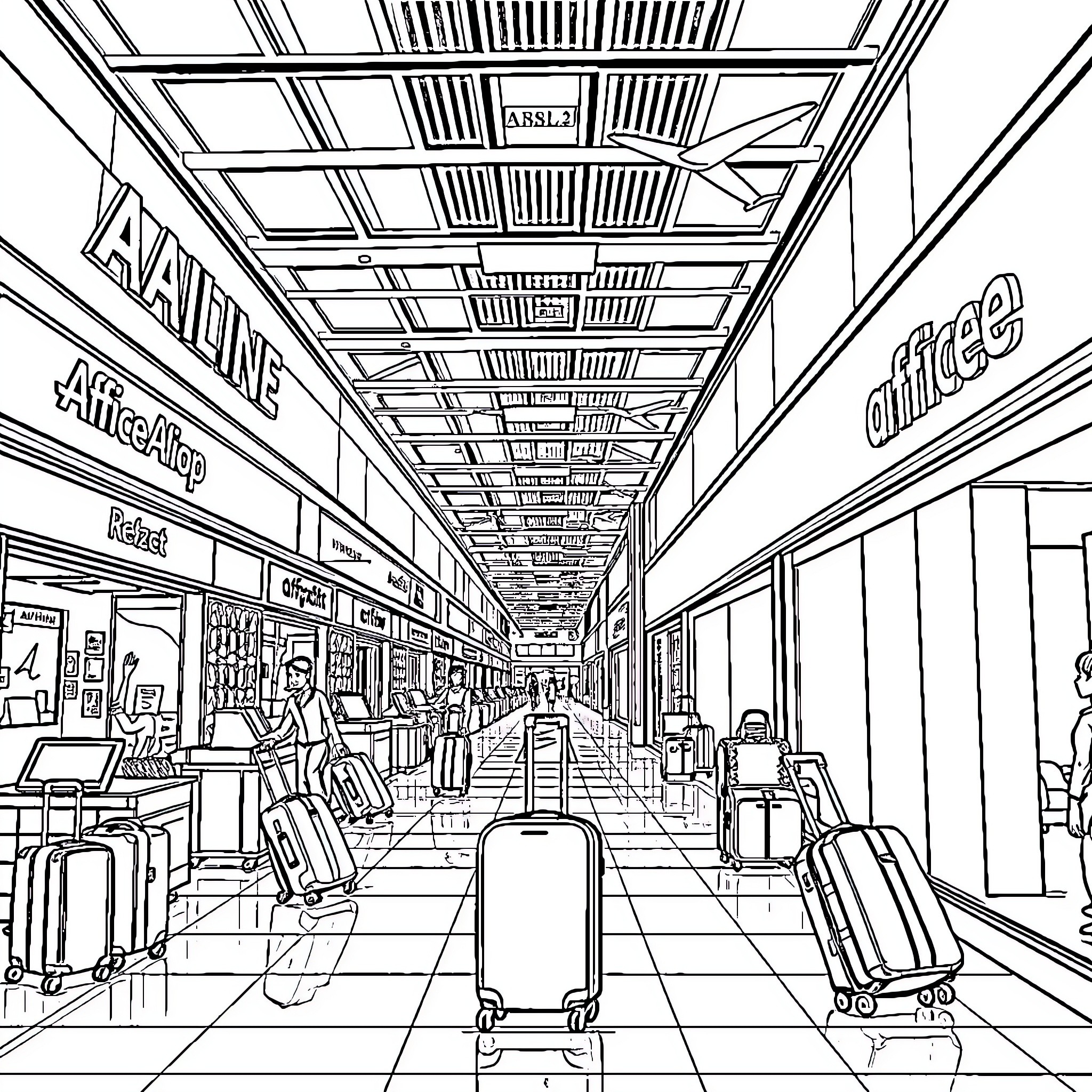 Mall bustling with travelers and activity Coloring Page (free black-and-white line drawing printable PDF for all, from beginners to advanced learners, including children, teens, adults, and seniors)