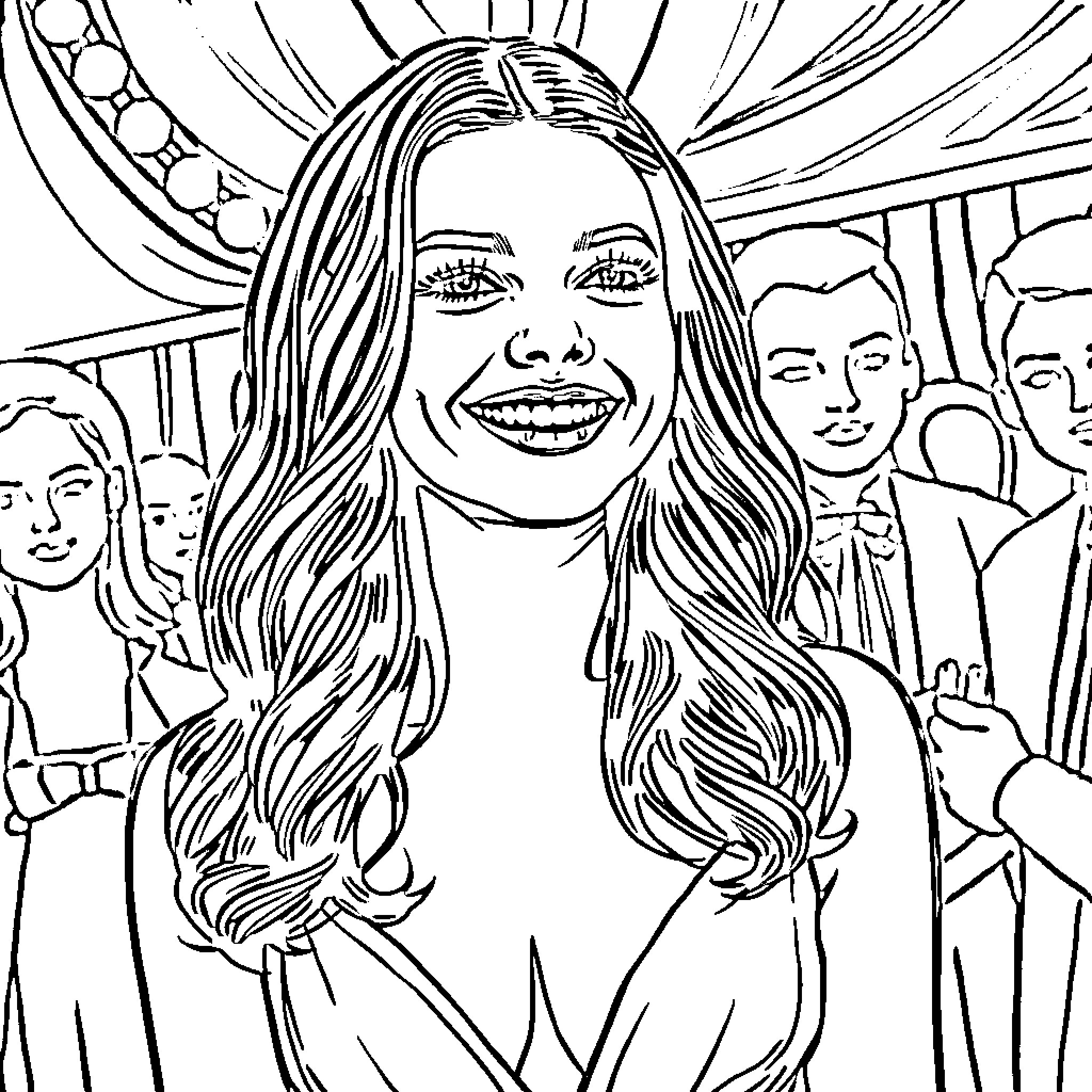Hailee Steinfeld smiling joyfully with surrounded people Coloring Page (free black-and-white line drawing printable PDF for all, from beginners to advanced learners, including children, teens, adults, and seniors)