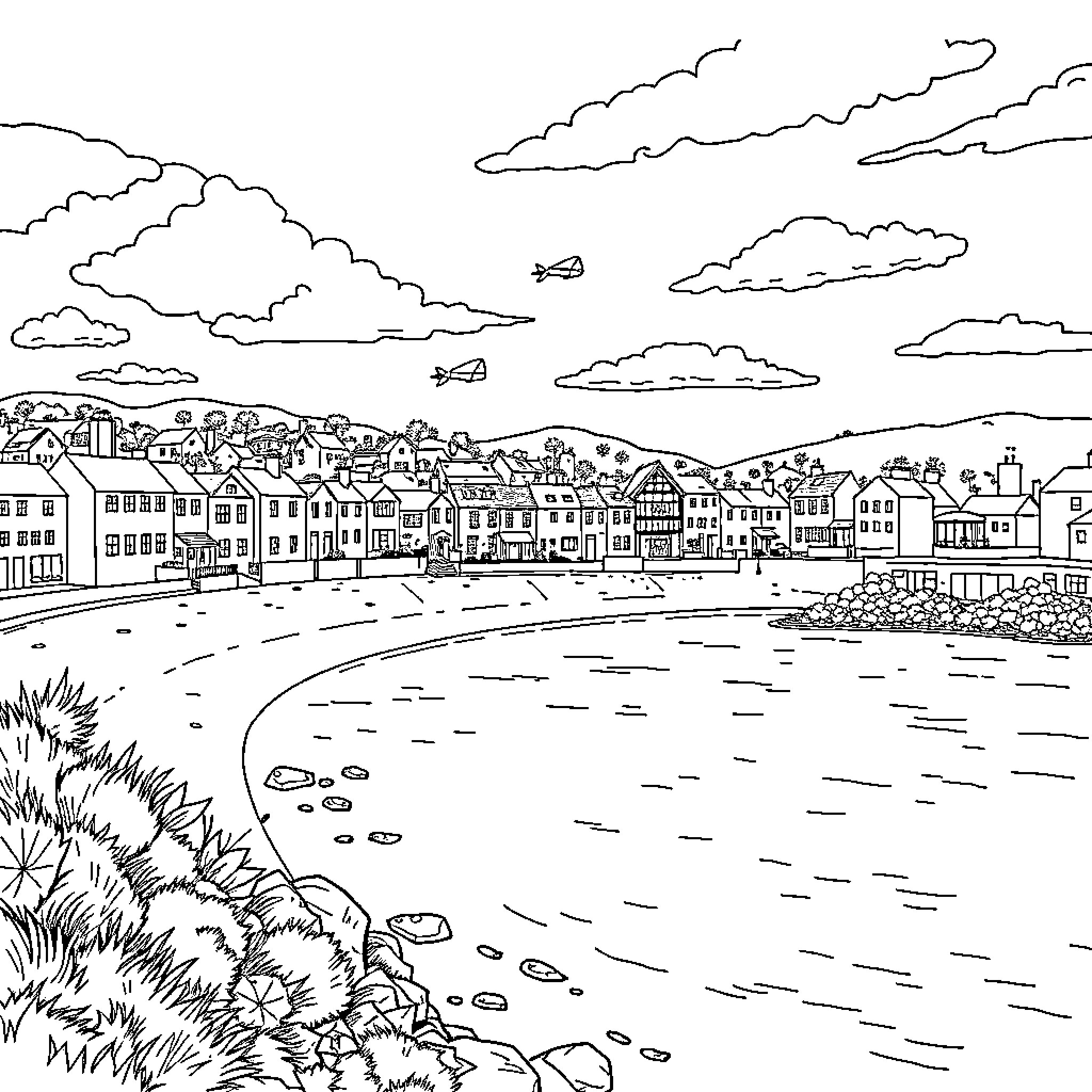 Saundersfoot seaside town with boats and planes in the sky Coloring Page (free black-and-white line drawing printable PDF for all, from beginners to advanced learners, including children, teens, adults, and seniors)
