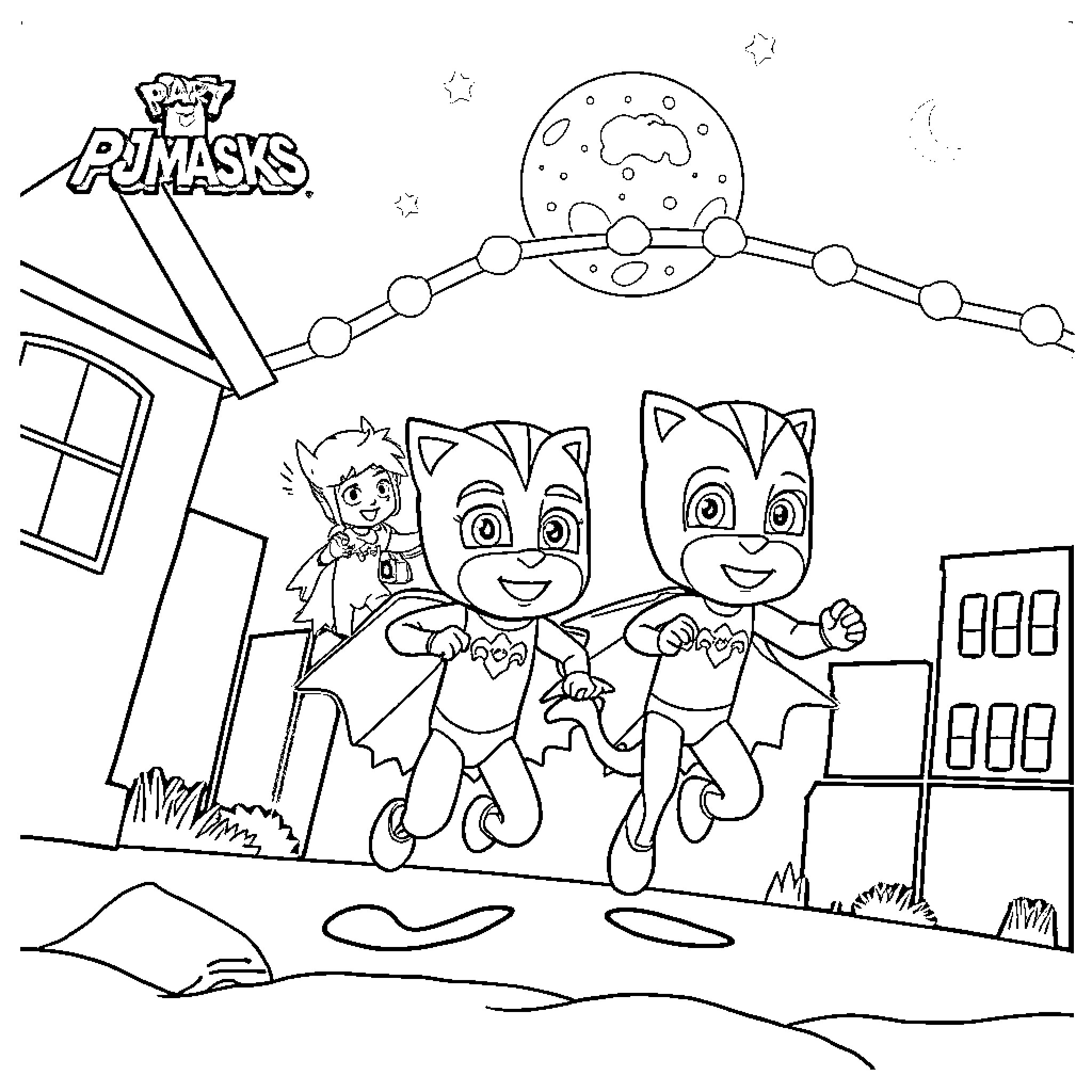 Pjmasks characters in action, exploring night scene Coloring Page (free black-and-white line drawing printable PDF for all, from beginners to advanced learners, including children, teens, adults, and seniors)