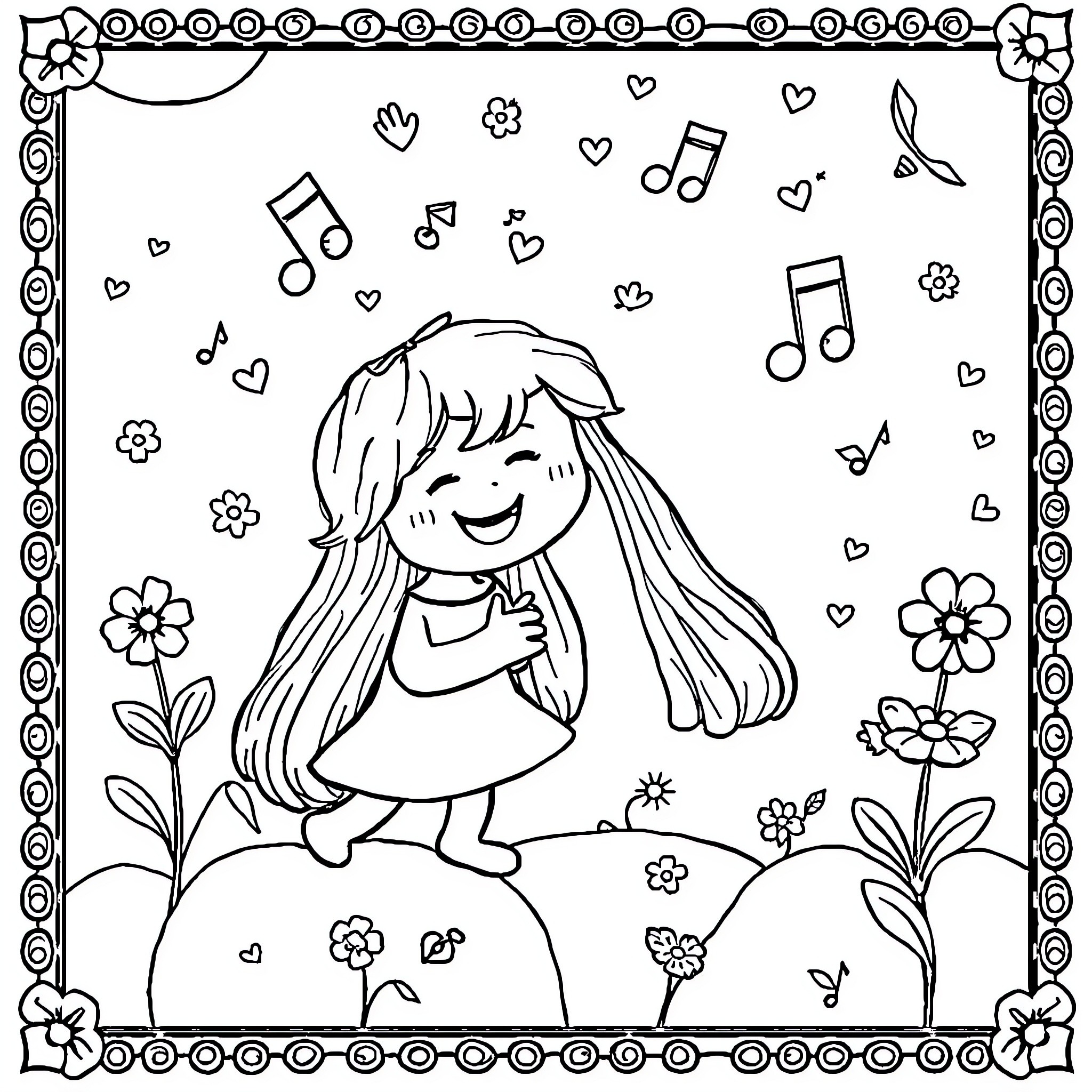 Tralalero girl dancing with joy in a floral field Coloring Page (free black-and-white line drawing printable PDF for all, from beginners to advanced learners, including children, teens, adults, and seniors)