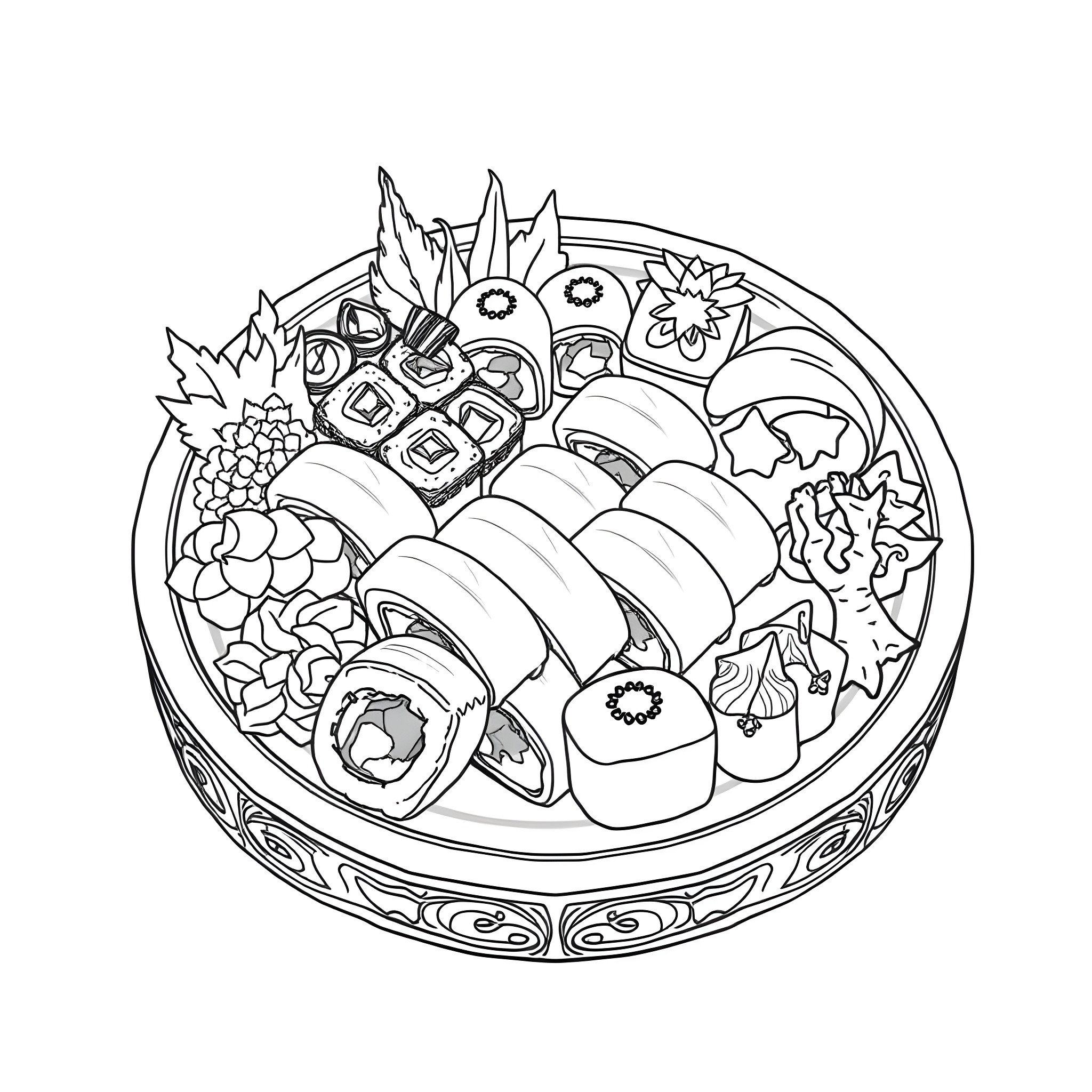 Sushi plate with variety of fresh seafood and garnishes Coloring Page (free black-and-white line drawing printable PDF for all, from beginners to advanced learners, including children, teens, adults, and seniors)