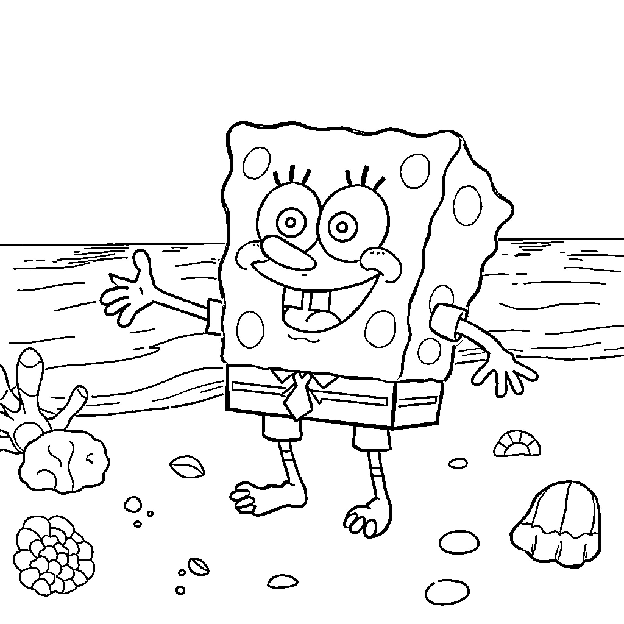 Spongebob's Cheerful Antics on the Beach Coloring Page (free black-and-white line drawing printable PDF for all, from beginners to advanced learners, including children, teens, adults, and seniors)