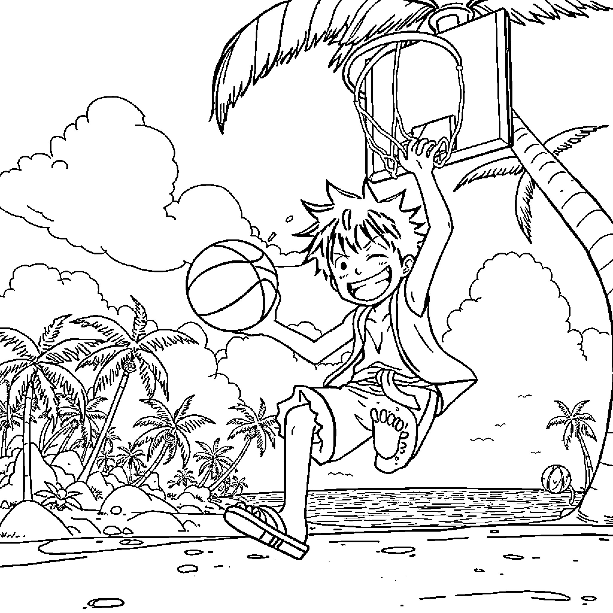 Luffy playing with a beach ball in a tropical paradise Coloring Page (free black-and-white line drawing printable PDF for all, from beginners to advanced learners, including children, teens, adults, and seniors)