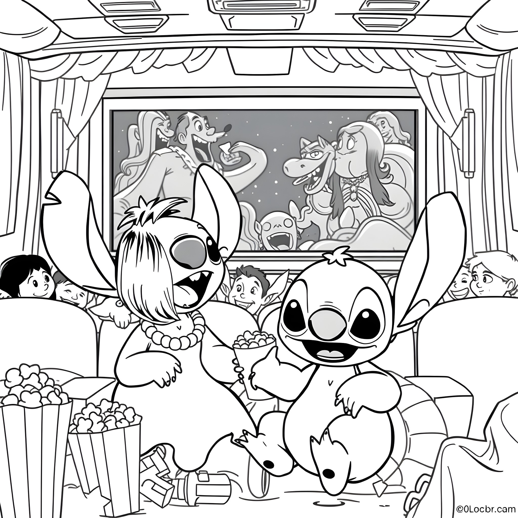 Lilo And Stitch Watching a Movie Together Coloring Page (free black-and-white line drawing printable PDF for all, from beginners to advanced learners, including children, teens, adults, and seniors)