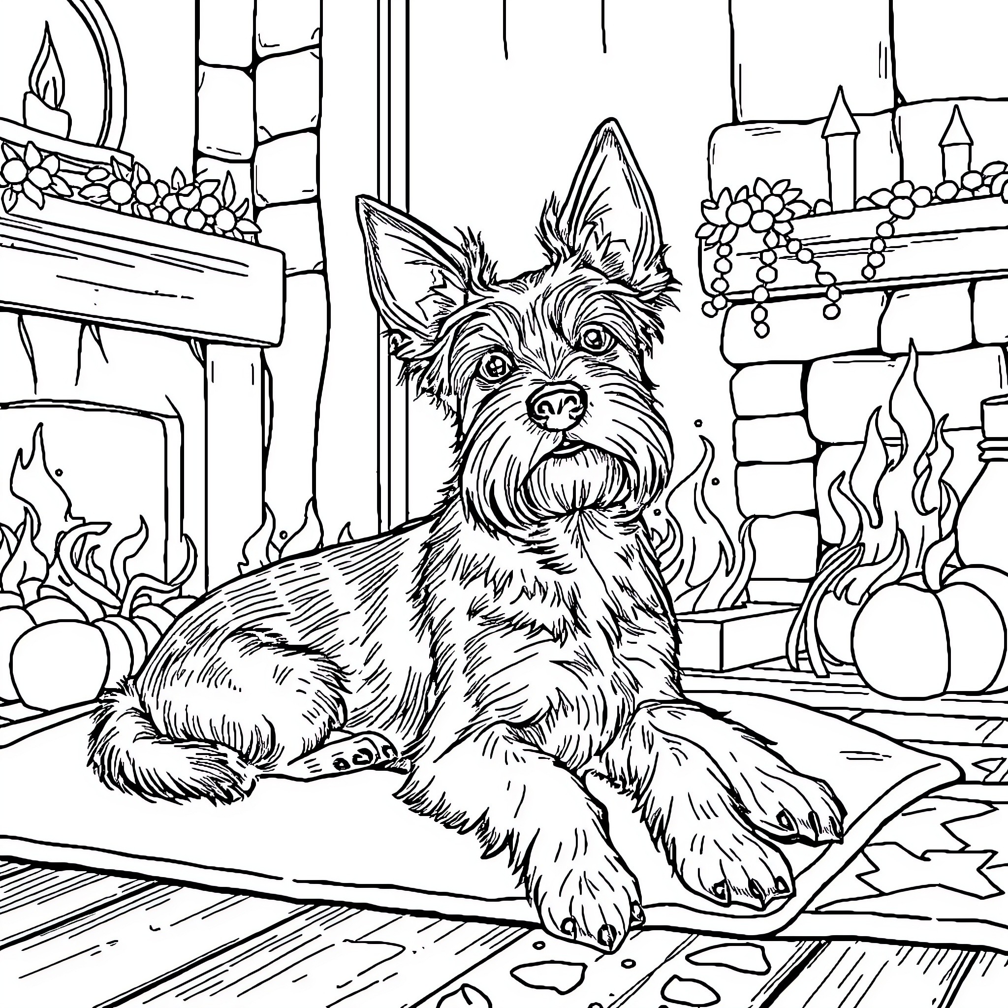 Dachshund relaxing by the fireplace Coloring Page (free black-and-white line drawing printable PDF for all, from beginners to advanced learners, including children, teens, adults, and seniors)