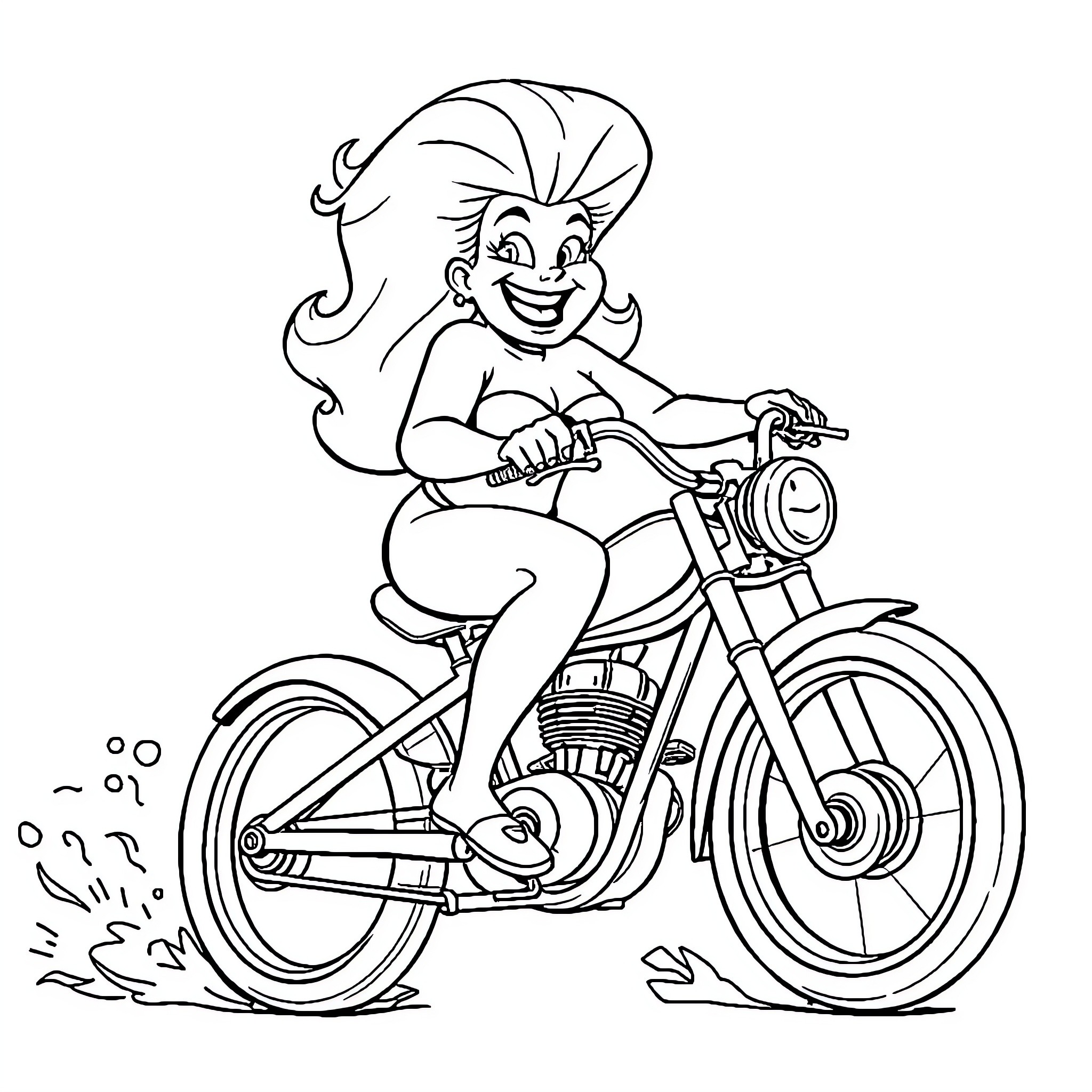 Ursula riding a motorcycle with joy Coloring Page (free black-and-white line drawing printable PDF for all, from beginners to advanced learners, including children, teens, adults, and seniors)